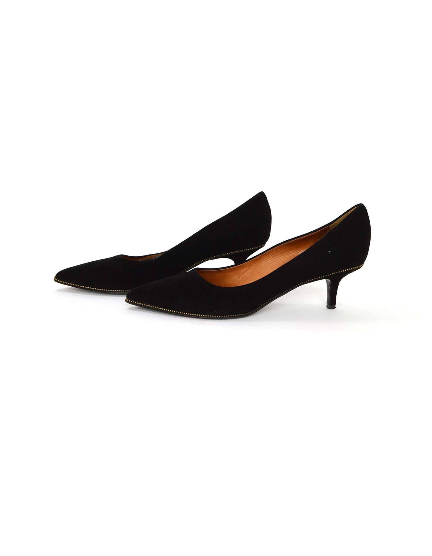 Givenchy Black Suede Kitten Heel Pumps 
Features zipper trim detailing around base of shoe
Made In: Italy
Color: Black 
Materials: Suede
Closure/Opening: Slide on
Sole Stamp: Givenchy Made in Italy 38 1/2
Overall Condition: Excellent