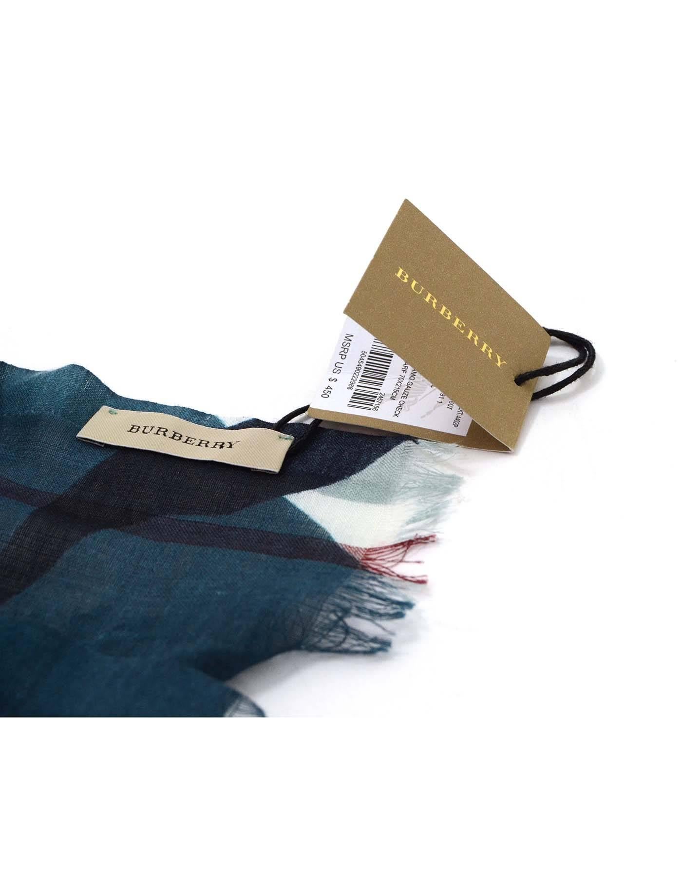 Black Burberry NEW Teal Painted Camo & Check Silk Scarf