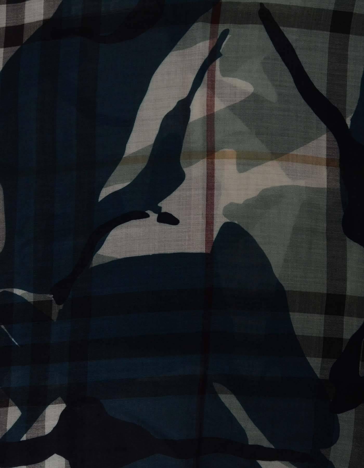 Burberry NEW Teal Painted Camo & Check Silk Scarf 
Features raw edges at both ends of scarf
Made In: Italy
Color: Teal, navy, white and burgundy
Composition: 51% wool, 49% silk
Retail Price: $450 + tax
Overall Condition: Excellent-tags still