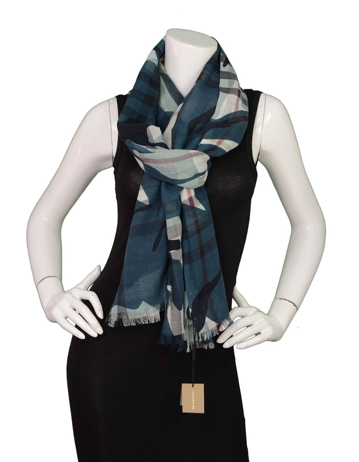 Women's Burberry NEW Teal Painted Camo & Check Silk Scarf