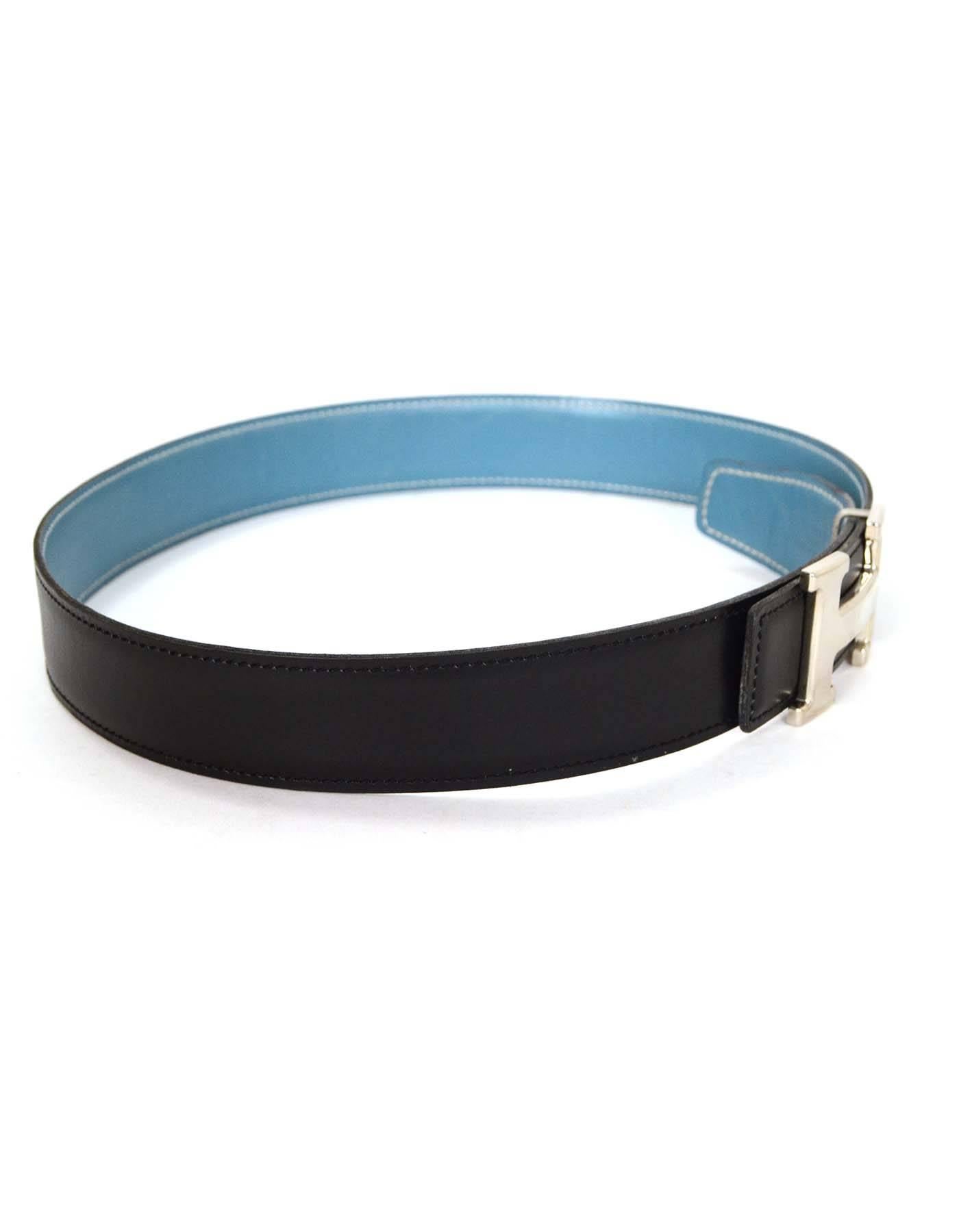 Hermes Vintage '99 Black & Blue Leather H Leather Belt sz 70 PHW In Excellent Condition In New York, NY