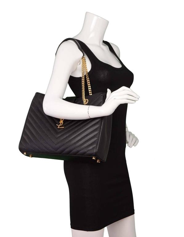 Saint Laurent Black Leather Chevron Monogram Shopper Tote Bag GHW For