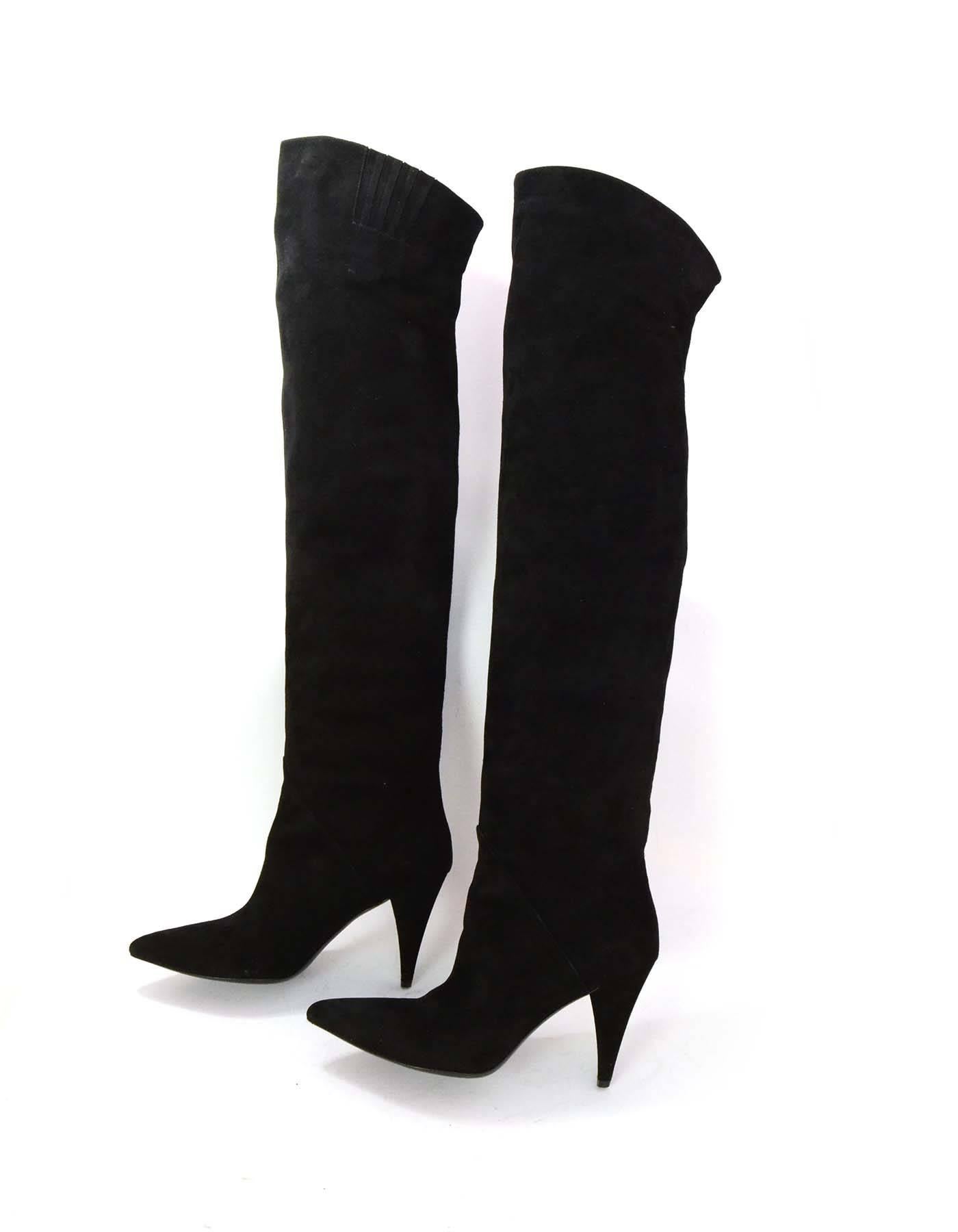 Saint Laurent Black Suede Cat Thigh High Boots sz 39
Features a pointed toe 
Made In: Italy
Color: Black 
Materials: Suede 
Closure/Opening: Slip on
Sole Stamp: Saint Laurent Paris Made in Italy 39
Retail Price: $1,495 + tax
Overall
