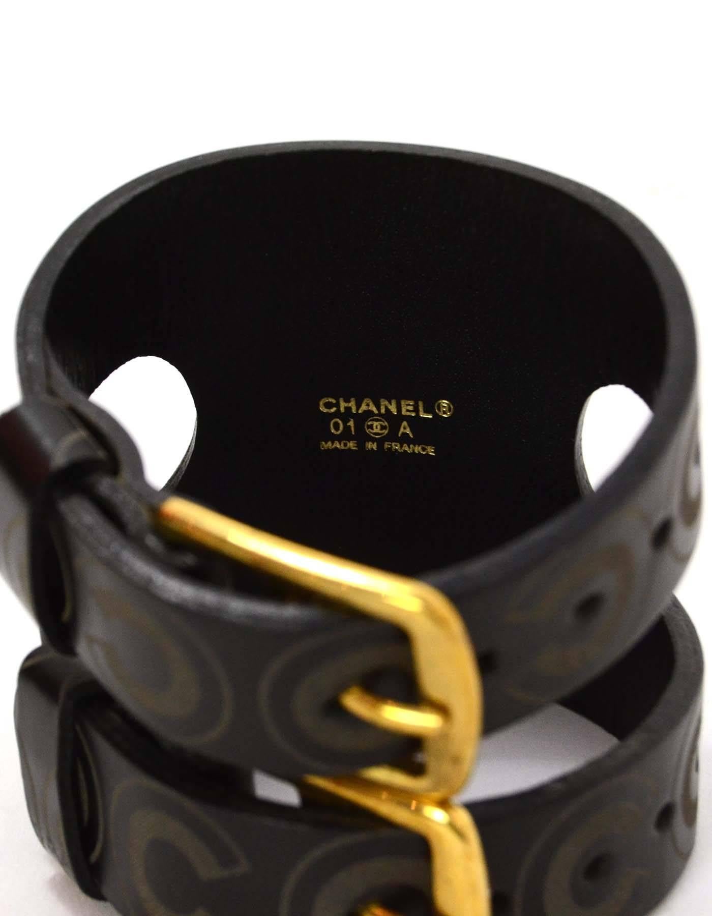 Women's Chanel Black Leather Coco Double Buckle Bracelet GHW