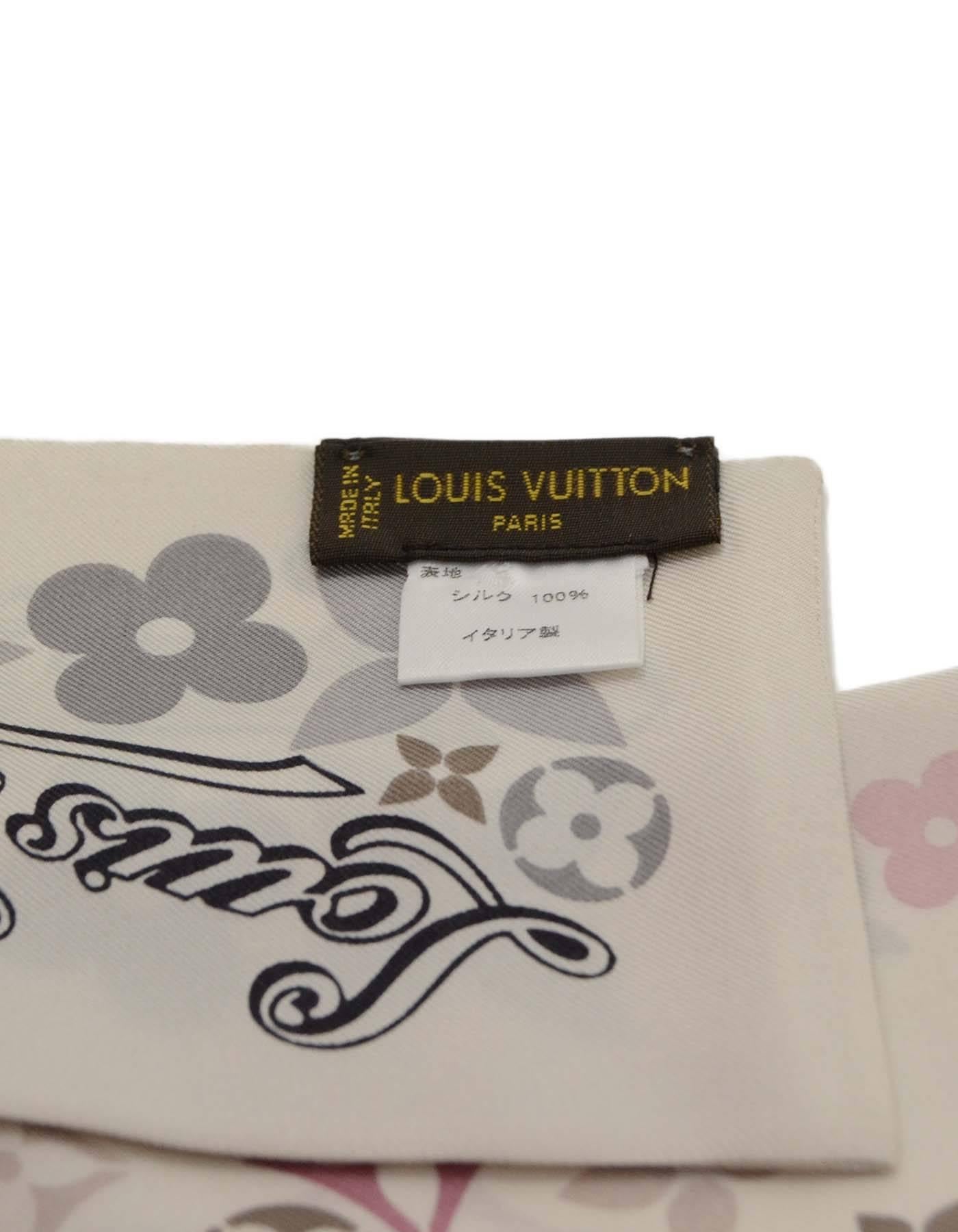 Louis Vuitton Multi-Colored Narrow Silk Scarf 
Features monogram flowers printed throughout
Made In: Italy
Color: Ivory, pink, purple, magenta, grey and black
Composition: 100% silk
Overall Condition: Excellent pre-owned