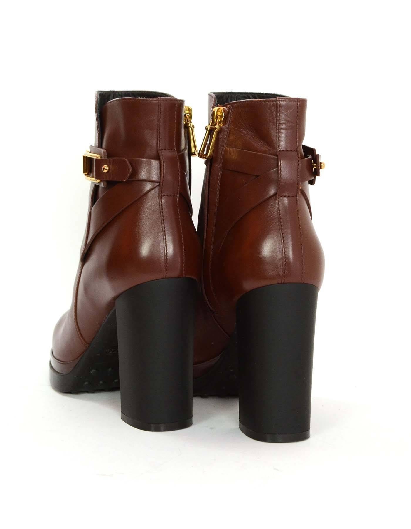 Women's Tod's Brown Leather Platform Heeled Booties sz 40