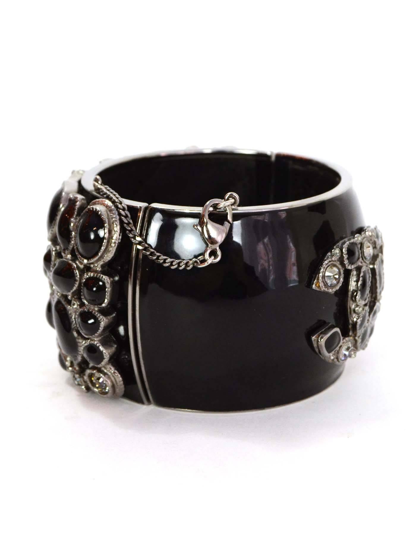 Chanel Black Enamel & Crystal CC Cuff Bracelet In Excellent Condition In New York, NY