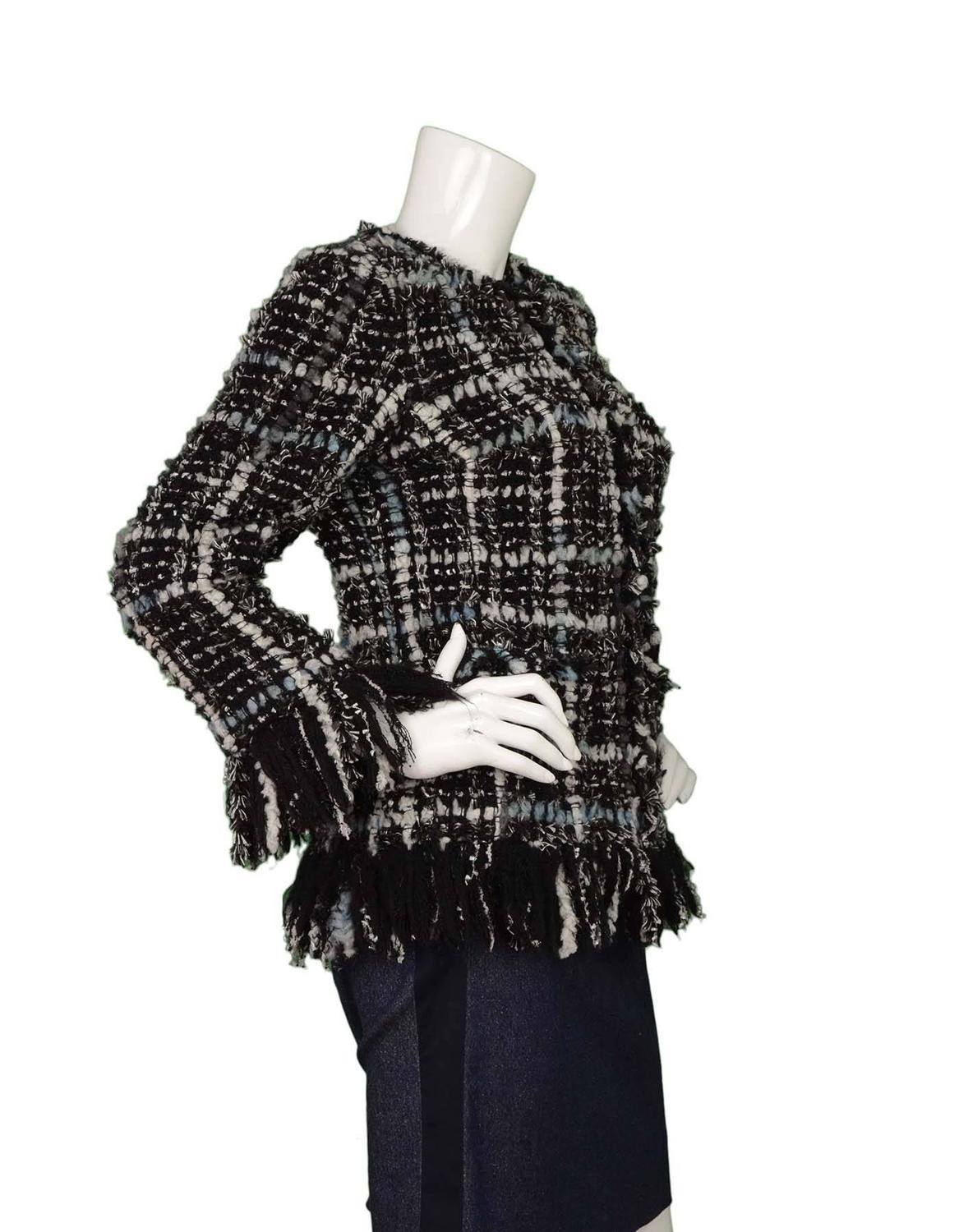 Chanel Black and Blue Tweed Wool Fringe Jacket SZ 42 at 1stdibs