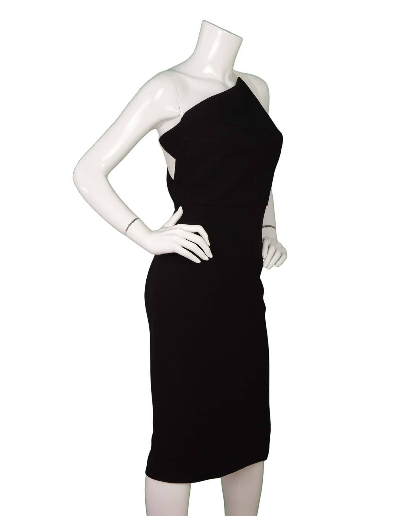 Roland Mouret Wool One-Shoulder Cocktail Dress 
Features white trim down side
Made In: U.K.
Color: Black and white
Composition: 100% wool
Lining: Black, 100% silk
Closure/Opening: Back center zipper
Exterior Pockets: None
Interior Pockets: