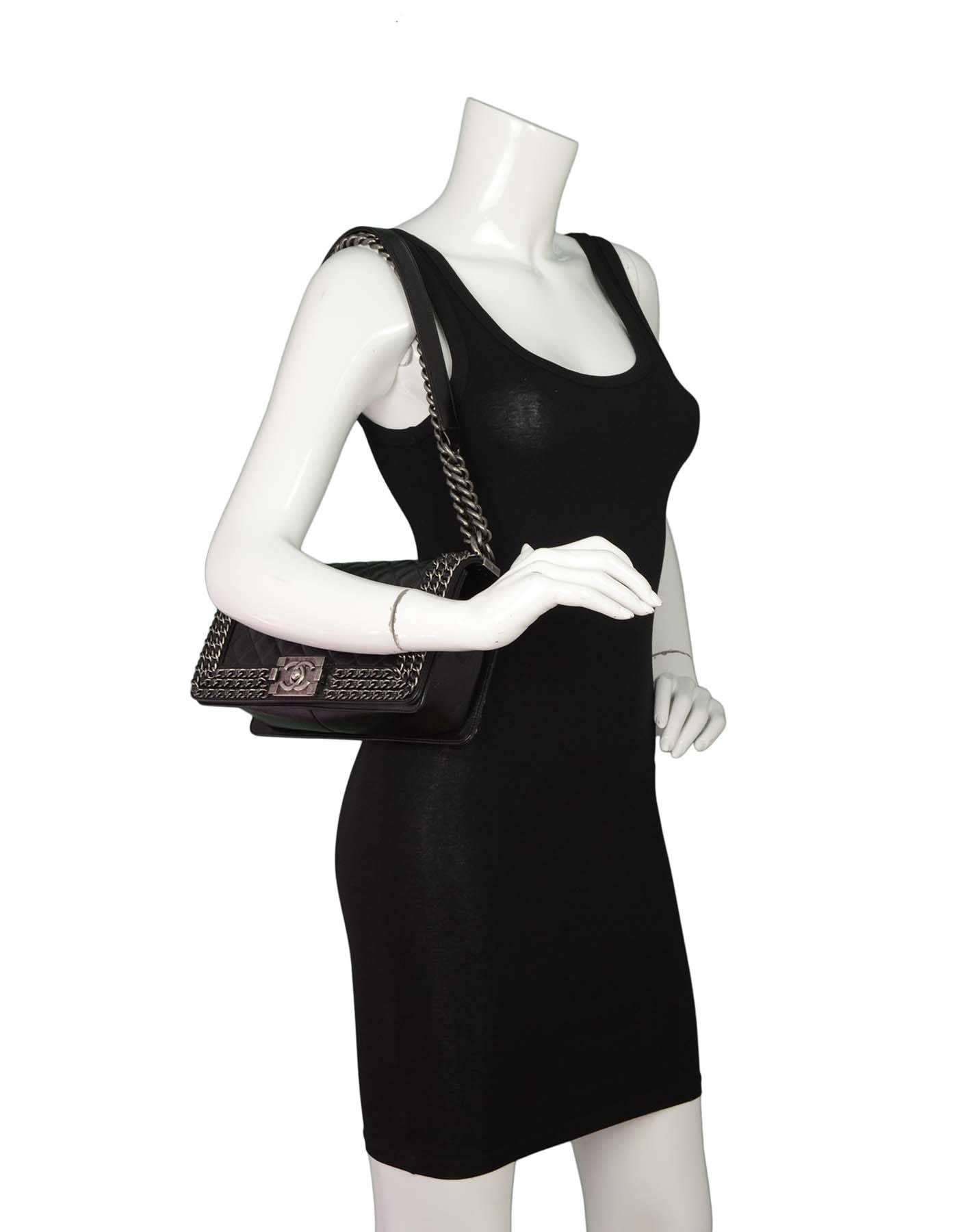 Chanel '15 Black Distressed Leather Chain Around Medium Boy Bag SHW 3