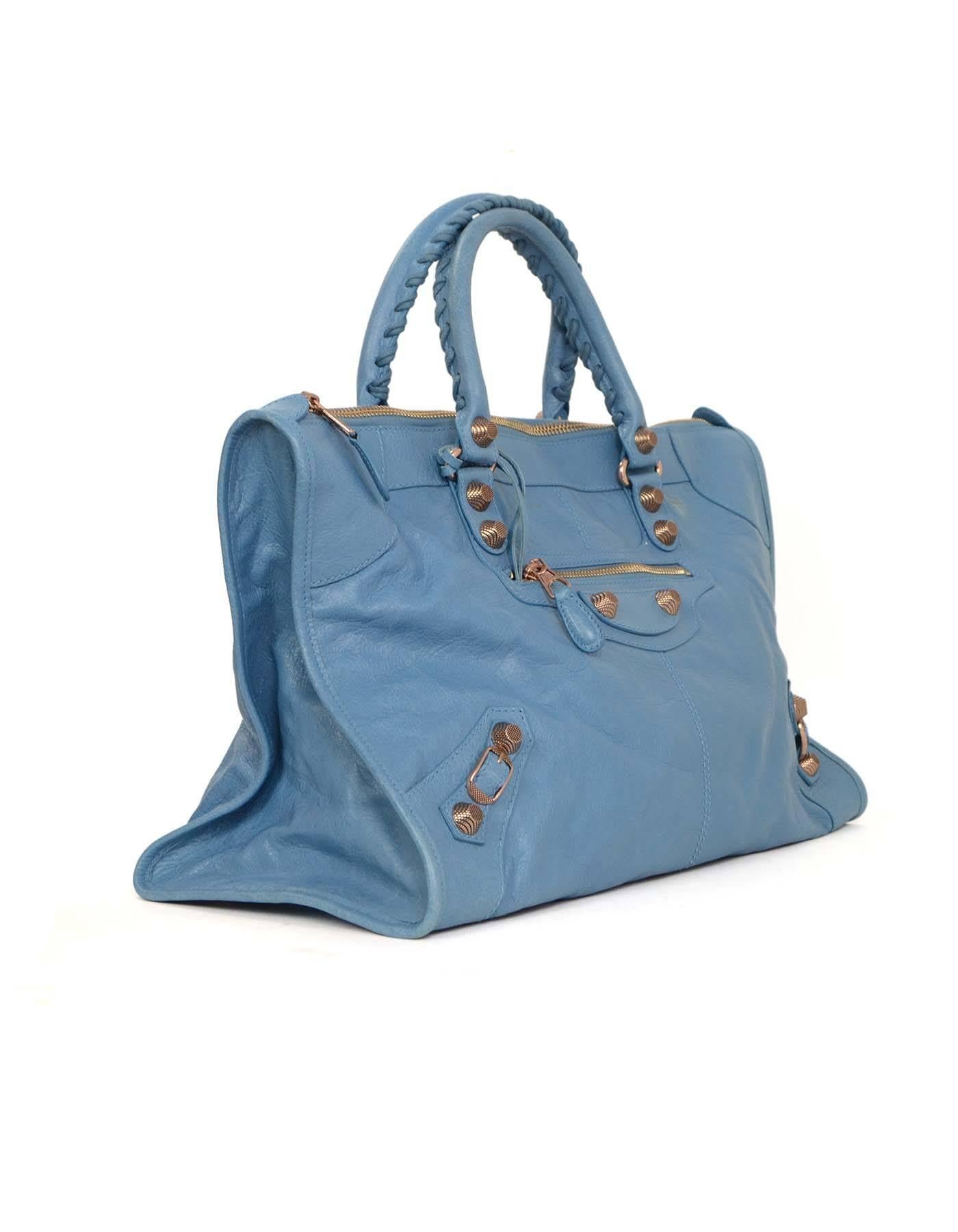 Balenciaga Blue Lambskin Leather Giant 12 Work Tote Bag 
Features zip pocket at front with removable mirror tag.  Rose gold giant hardware.

Made In: Italy
Color: Blue
Hardware: Rose gold
Materials: Lambskin leather
Lining: Black