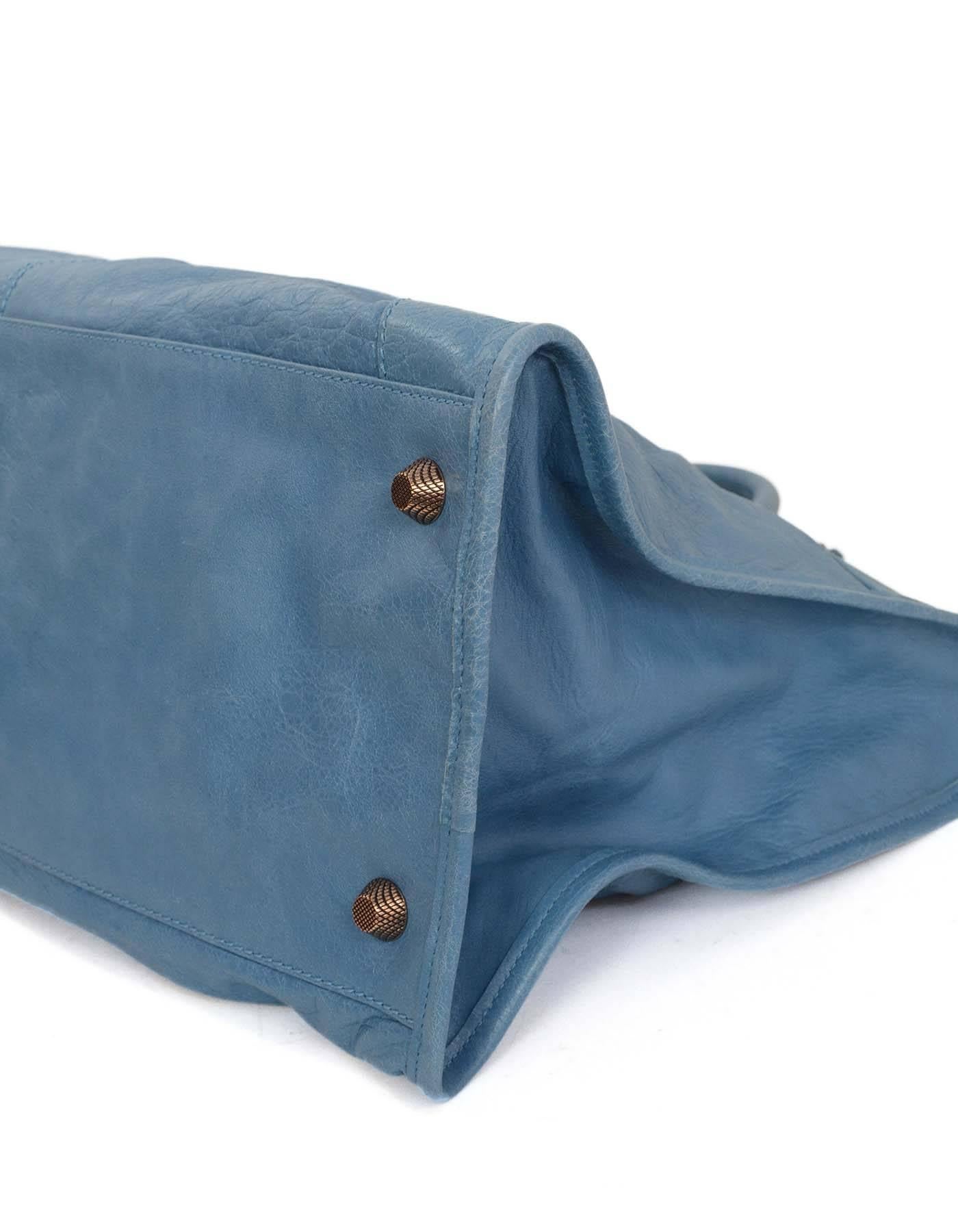 Women's Balenciaga Blue Lambskin Leather Rose Gold Giant 12 Work Tote Bag 