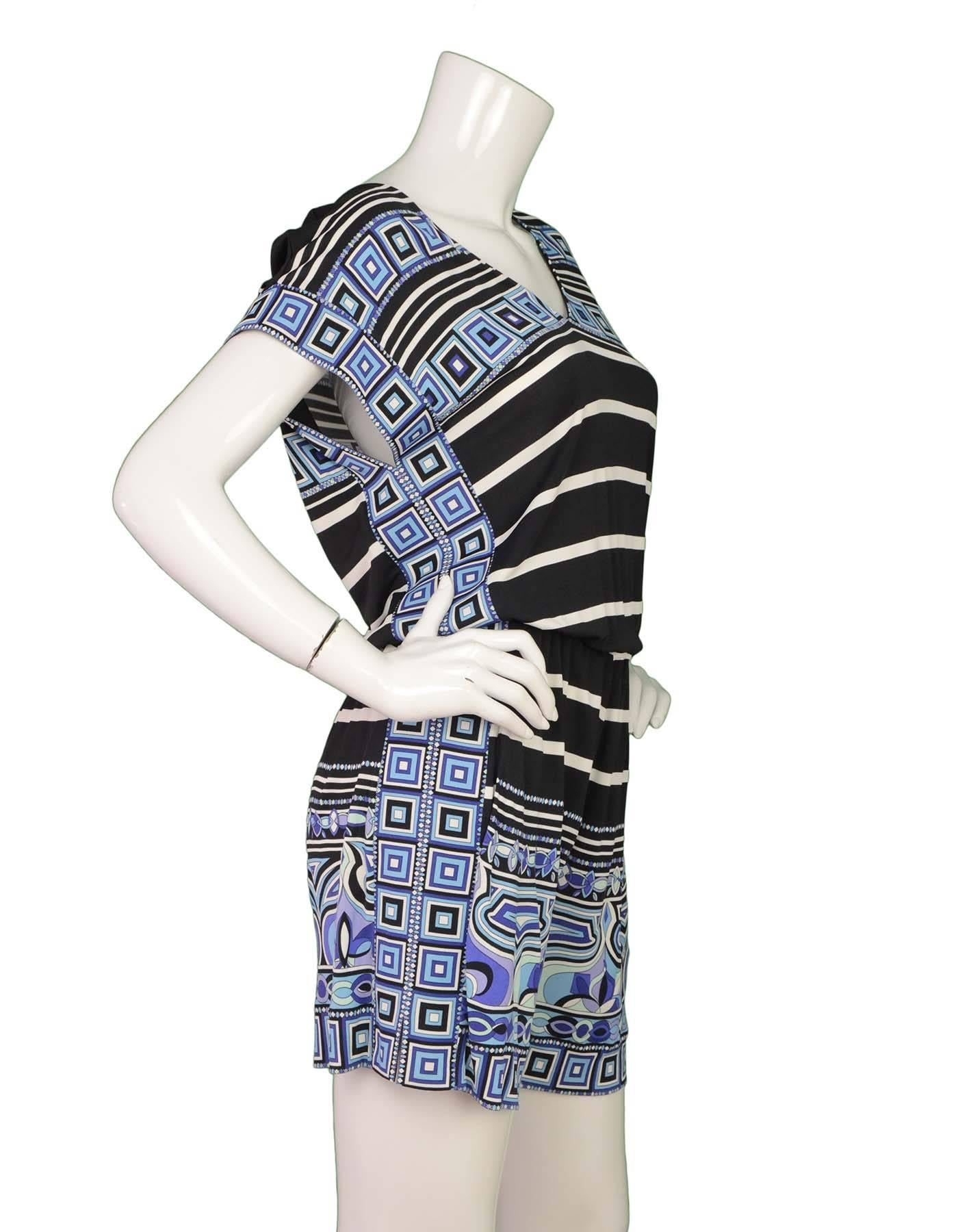 Emilio Pucci New Multi-Colored Printed Jersey Romper sz 4
Features V- neckline and an elasticized drop waist 
Made In: Italy
Color: Black, purple, white, and blue 
Composition: 83% Viscose and 17% silk
Lining: None
Closure/Opening: Slip on