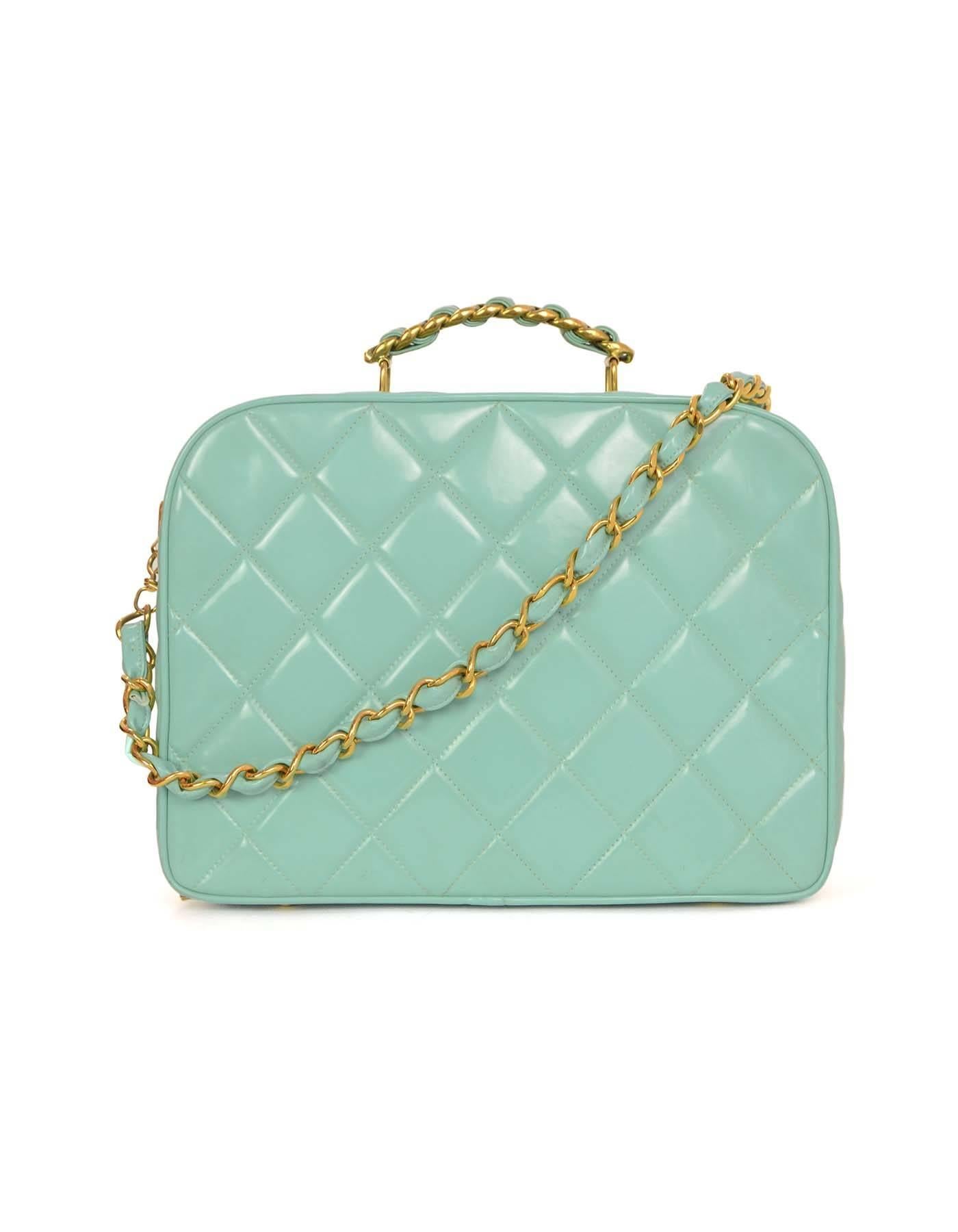 Blue Chanel Vintage Teal Quilted Patent Vanity Crossbody Bag GHW