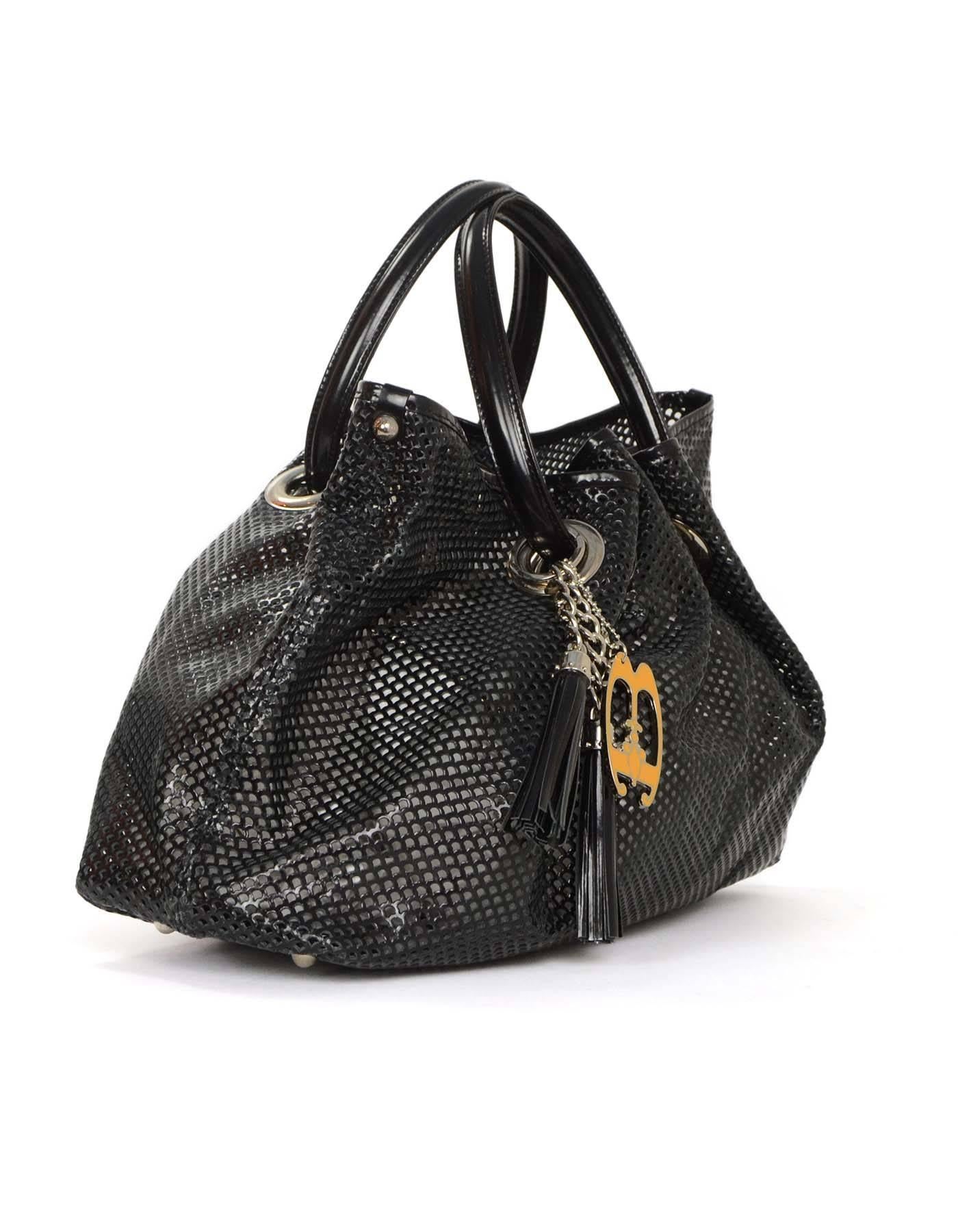 Braccialini Black Perforated Gathered Tote 
Features two tassels and one yellow be charm at front of bag
Made In: Italy
Color: Black
Hardware: Silvertone
Materials: Leather
Lining: None
Closure/Opening: Open top with center magnetic snap