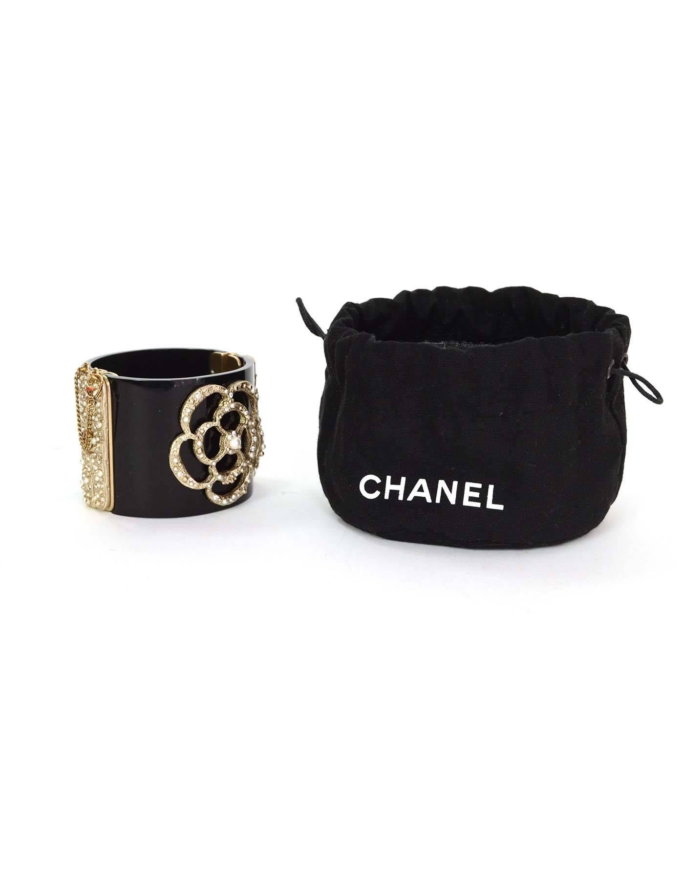 Chanel Black Resin & Textured Gold Camelia Cuff Bracelet 1
