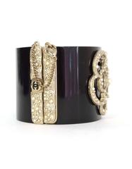 Chanel Black Resin & Textured Gold Camelia Cuff Bracelet