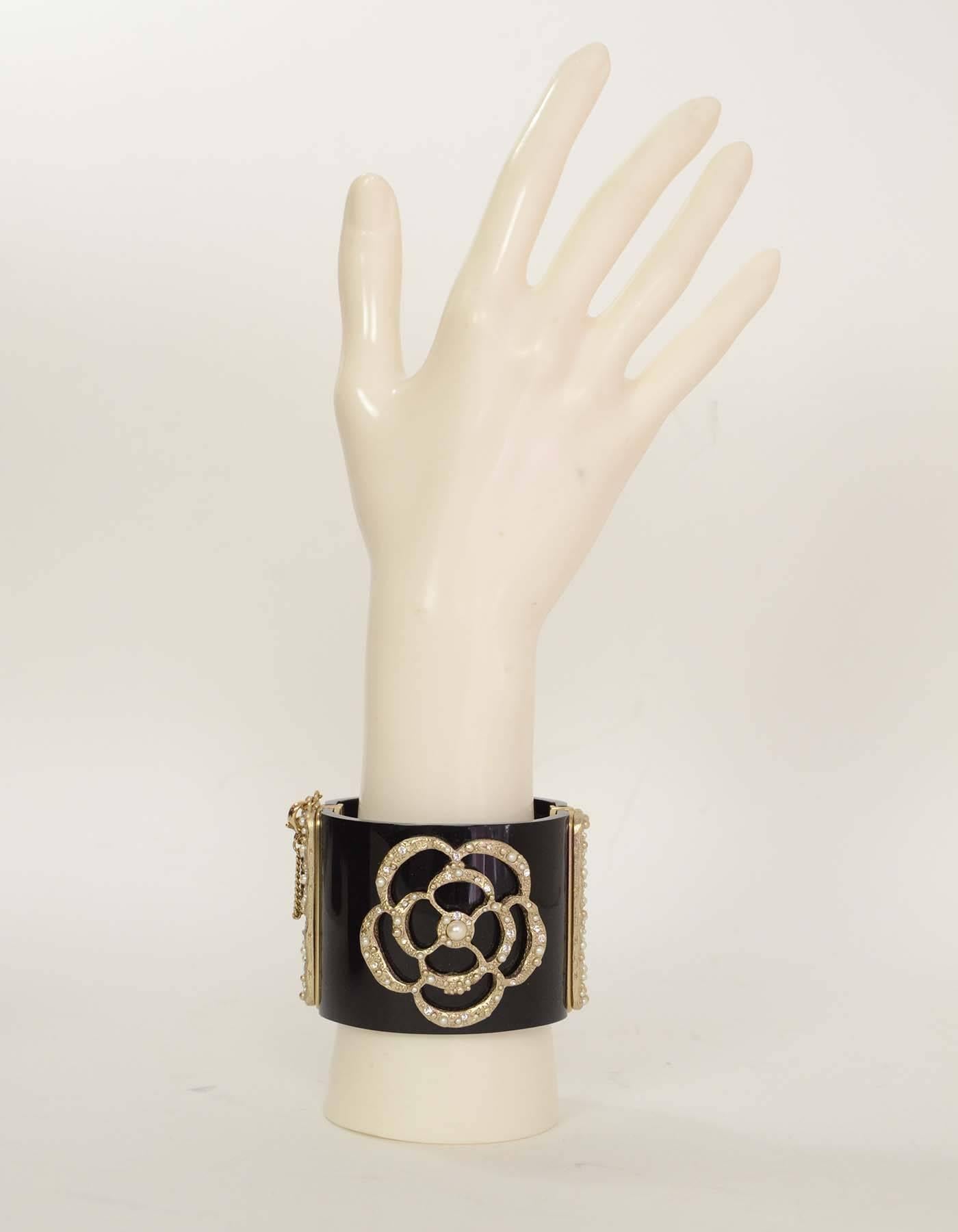 Chanel Black Resin & Textured Gold Camelia Cuff Bracelet 2