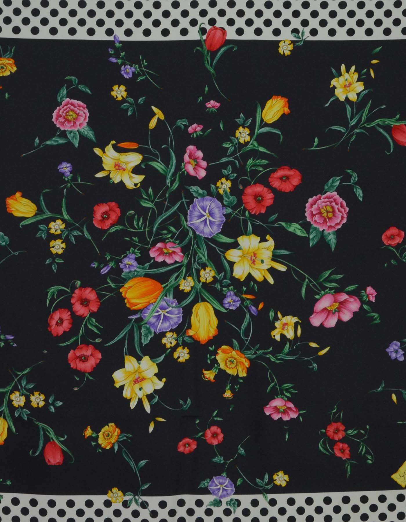 Gucci Silk Floral & Polka Dot Scarf
Features floral print with polka dot frame

Made In: Italy
Color: Multi-colored
Composition: 100% Silk 
Overall Condition: Excellent pre-owned condition
Measurements: 
Length: 35