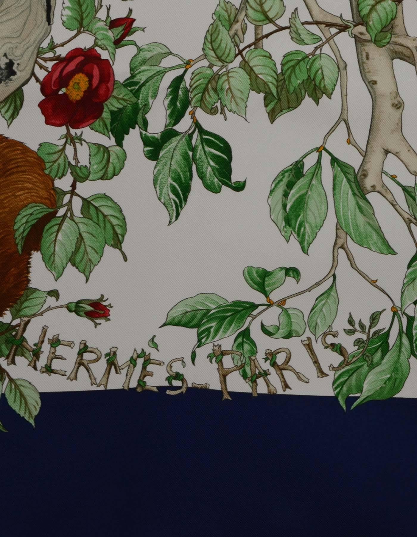 Hermes Blue Multi-Colored ' Au Coeur Des Bois' Silk 90cm Silk Scarf In Excellent Condition In New York, NY