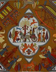 Hermes Tan Multi-Colored 'Persepolis' Egyptian Printed Silk 90cm Scarf