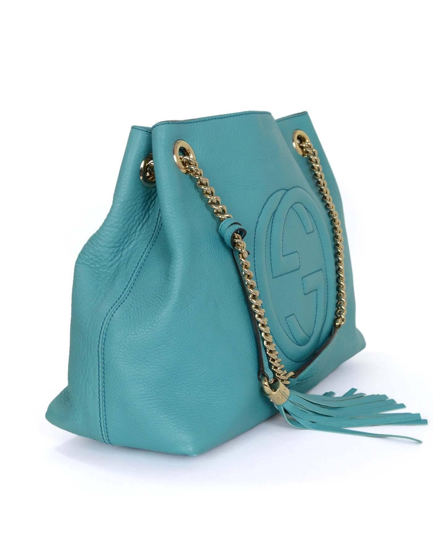 Gucci Turquoise Blue Leather Soho Shoulder Tote Bag GHW  In Excellent Condition In New York, NY