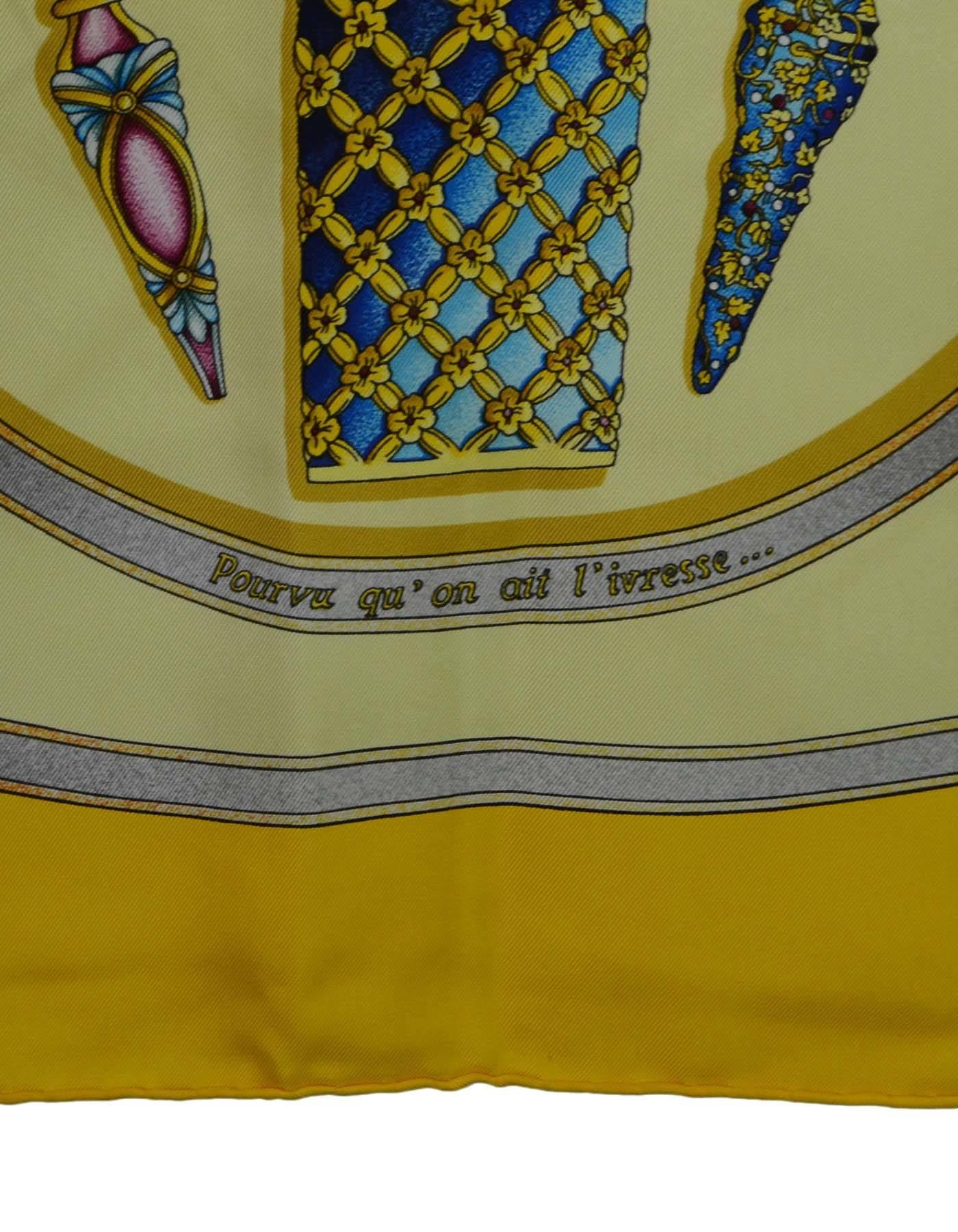 Hermes Yellow 'Pourvu Qu'On Ait L'Ivresse' Silk 90cm Scarf In Excellent Condition In New York, NY