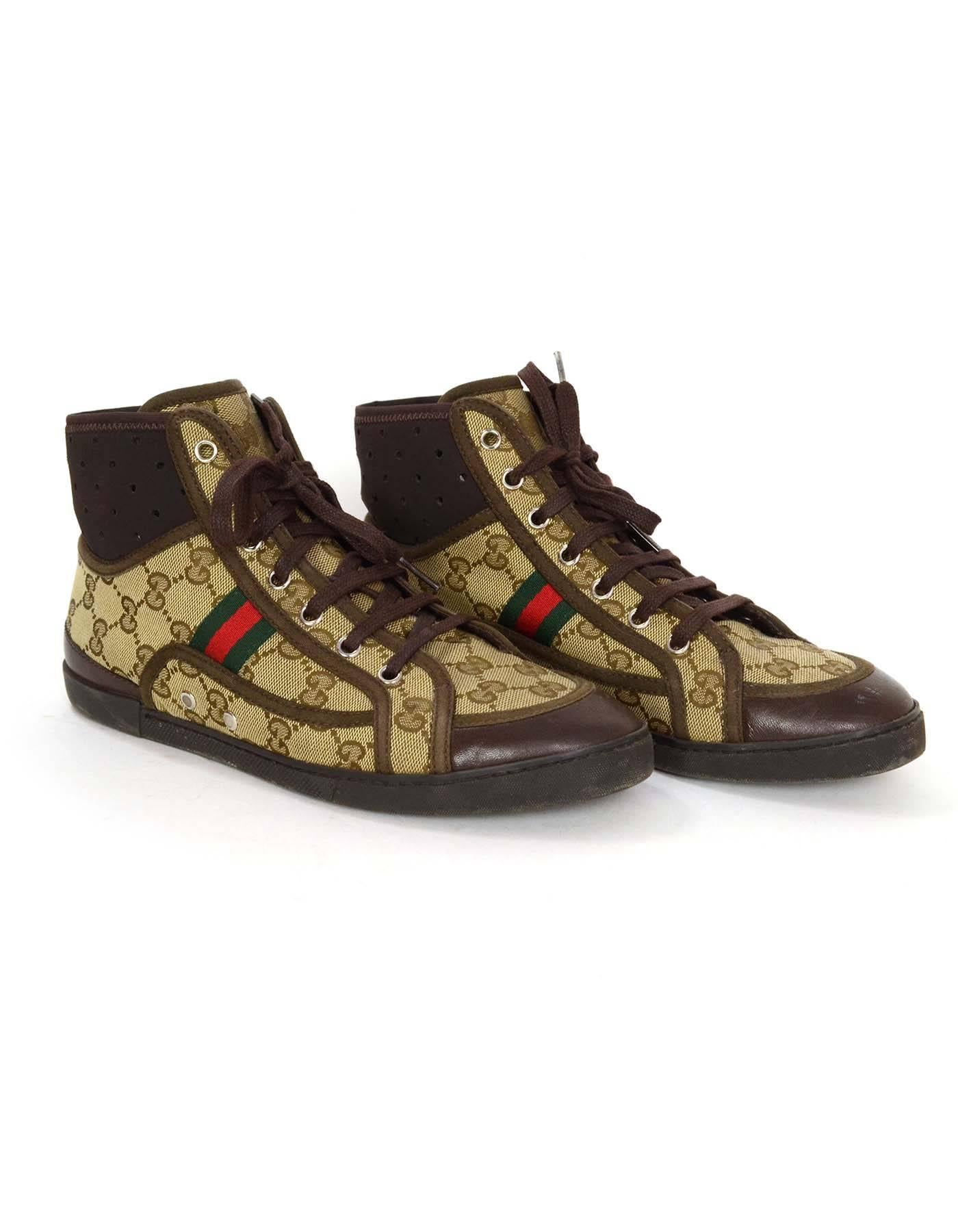Gucci Monogram Tan & Brown High Top Sneakers sz 37.5 In Excellent Condition In New York, NY
