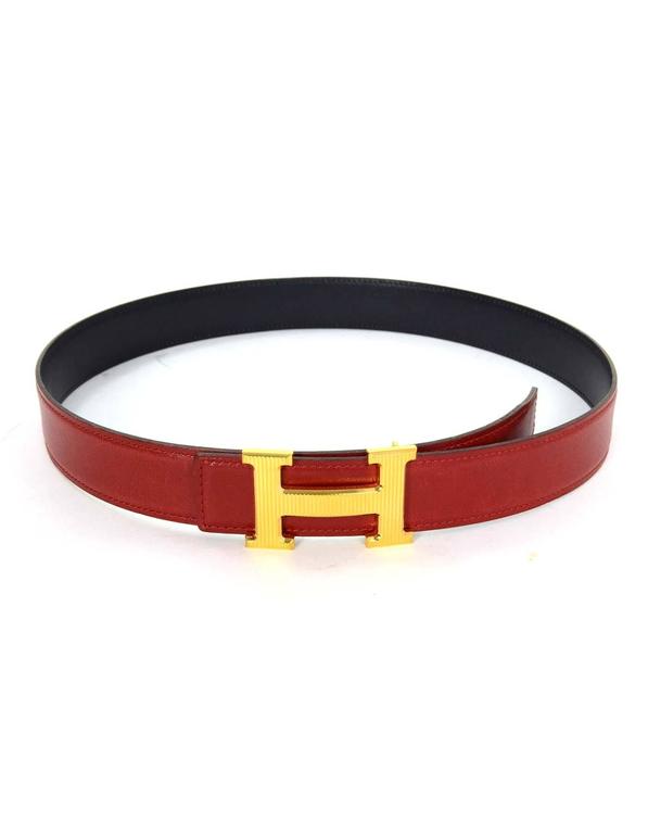 Hermes Red and Navy 32mm Goldtone Ribbed H Belt Kit sz 80 For Sale at 1stdibs