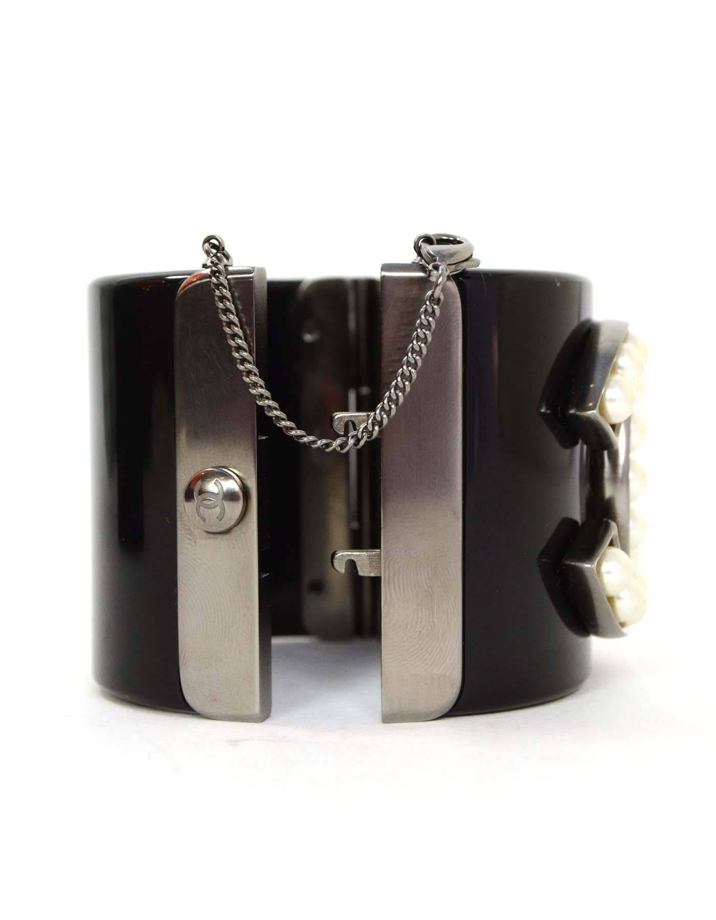 Women's Chanel Pearl & Black Resin CC Cuff Bracelet RHW