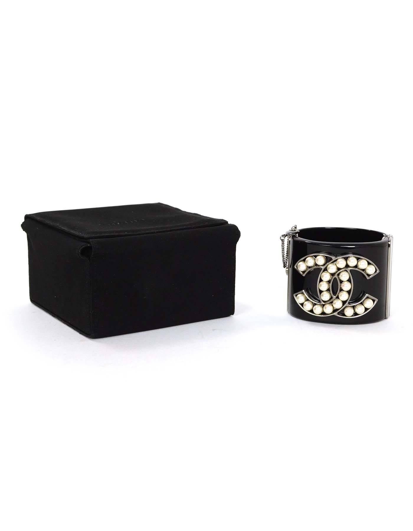 Chanel Pearl & Black Resin CC Cuff Bracelet RHW 2