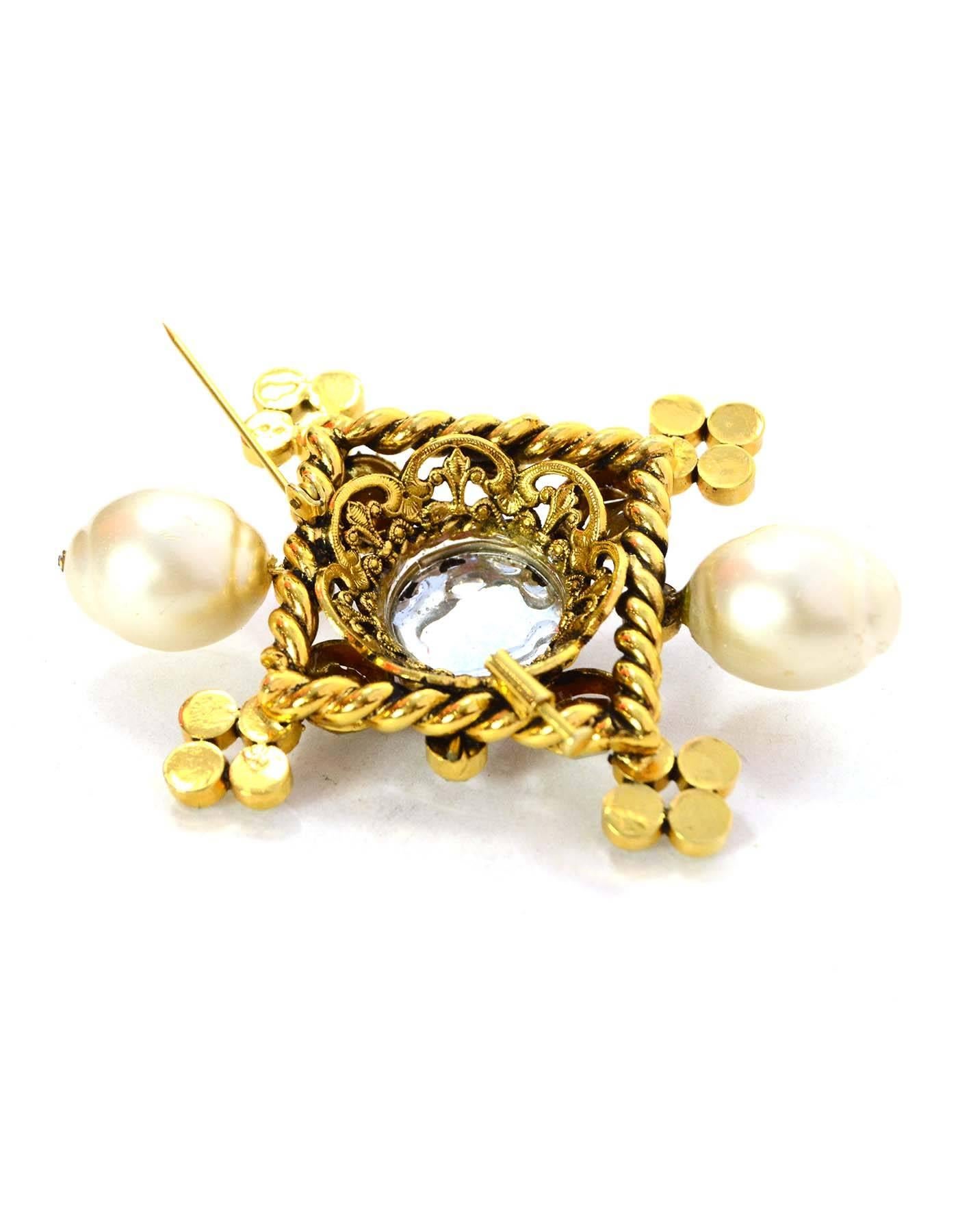 Chanel Crystal & Pearl  Gold Brooch In Excellent Condition In New York, NY