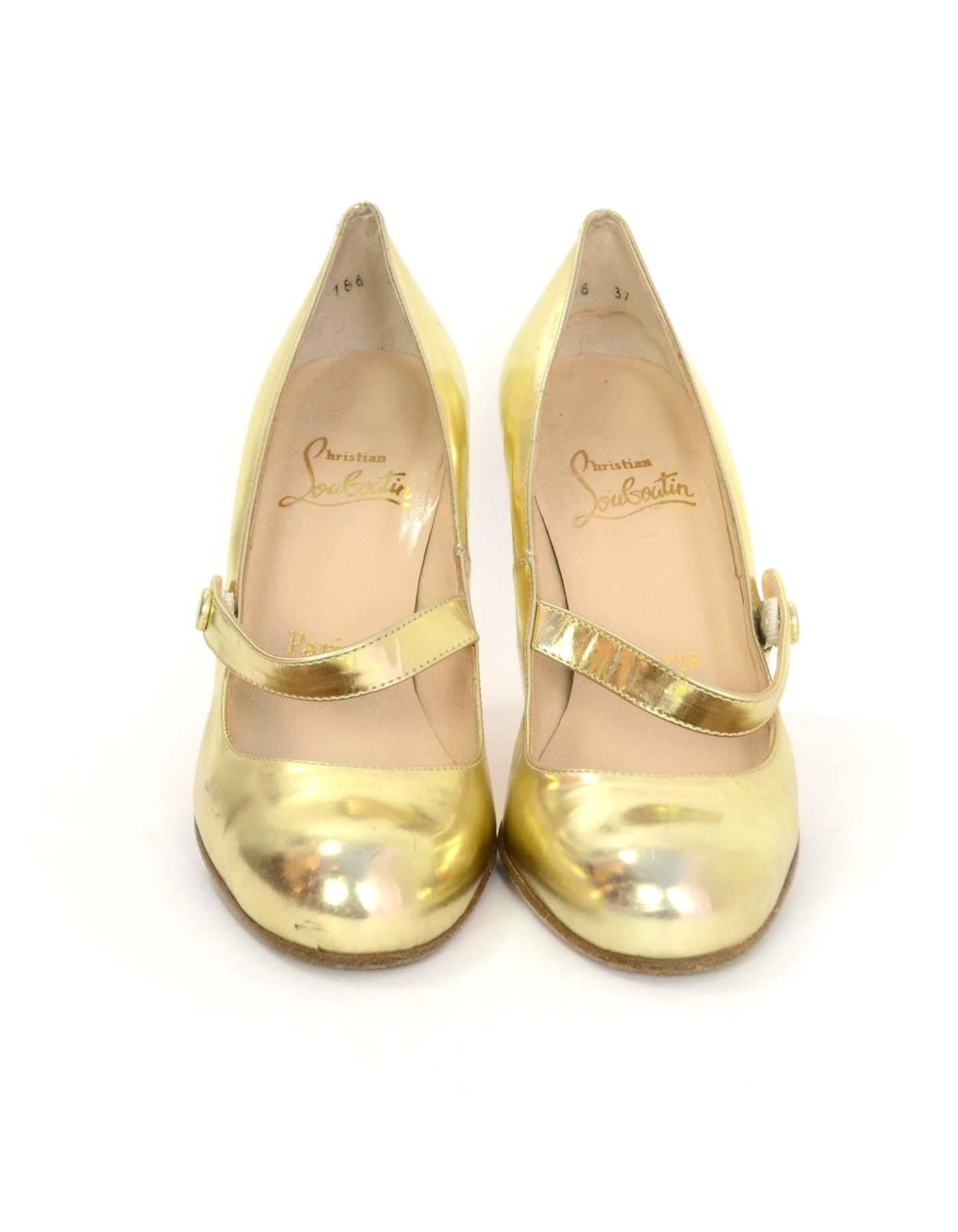 Christian Louboutin Gold Mary Jane Pumps sz 37.5 In Good Condition In New York, NY