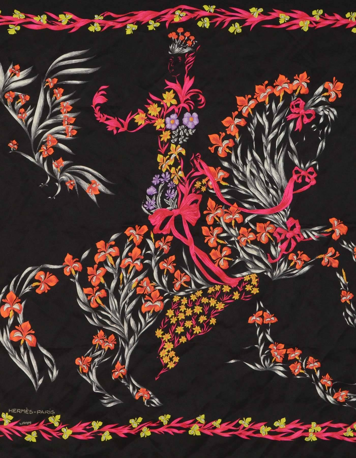 Hermes Black Floral Print 70cm Silk Scarf
Features a horse floral print design 
Made in: France
Color: Black, pink, white and multi- colored
Composition: 100% Silk
Overall Condition: Excellent pre-owned condition 
Measurements:
Length: