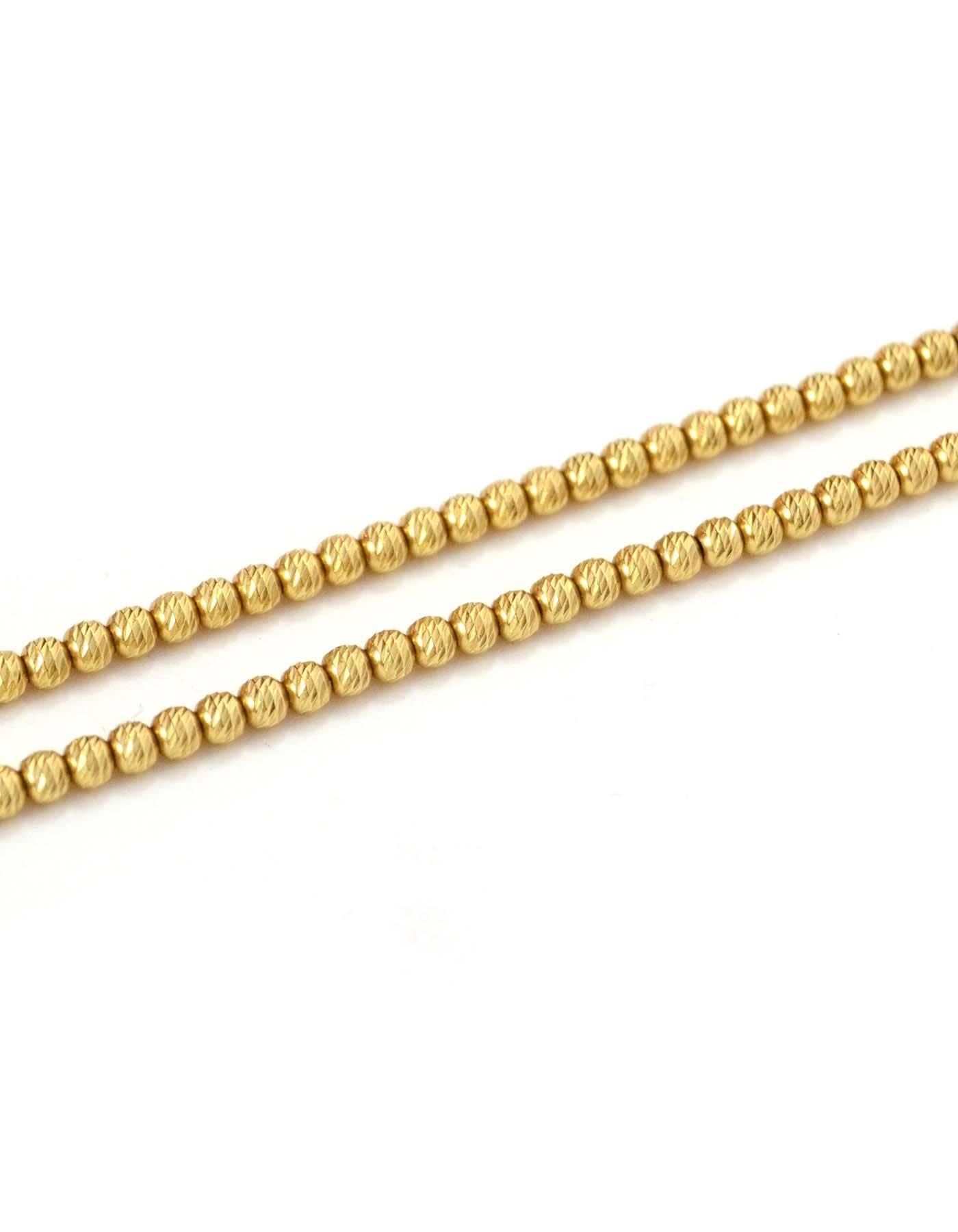 18k Beaded Gold Necklace
Faceted beads create a diamond effect/sparkle 

Made In: Italy
Color: Gold
Materials: 18k gold
Closure: Lobster claw clasp
Stamp: Italy 750
Retail Price: purchased from Bergdorf Goodman for $1,000 + tax
Overall Condition: