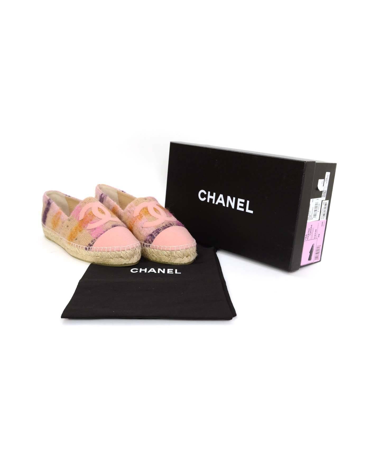 Women's Chanel New 2016 Pink Tweed Plaid CC Espadrilles sz 39