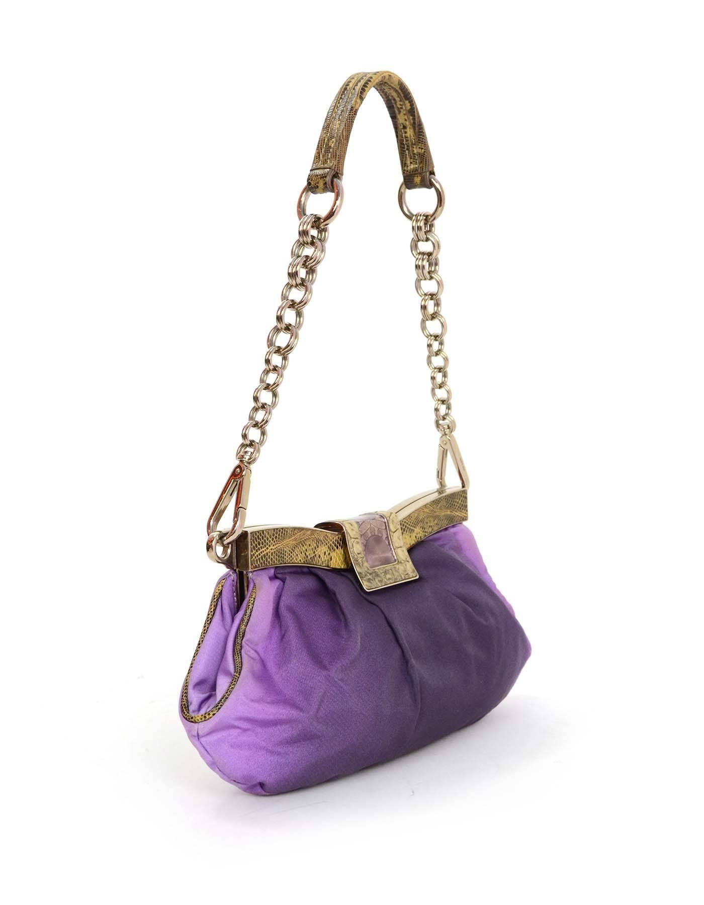 Prada Purple Ombre Satin Evening Bag 
Features optional chain link strap and lizard skin trim
Made In: Italy
Color: Purple beige and black
Hardware: Silvertone
Materials: Satin and lizard skin
Lining: Purple leather
Closure/Opening: