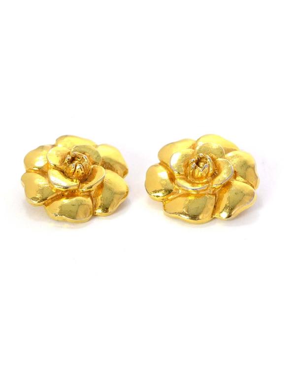 Chanel Large Gold Camelia Clip On Earrings For Sale at 1stDibs