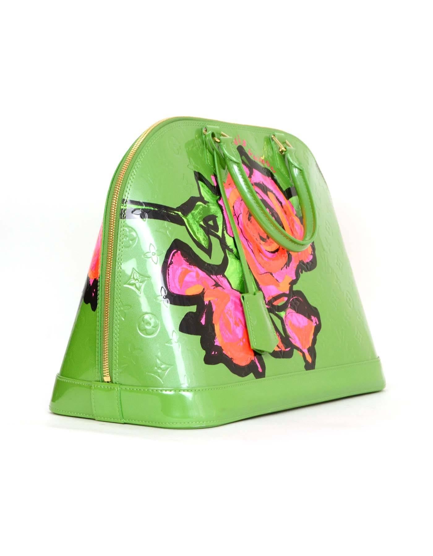 Louis Vuitton Green Vernis Stephen Sprouse Rose Print Alma GM 
Features large rose printed on both front and back panels of bag
Made In: France
Year of Production: 2009
Color: Green, red, pink and black
Hardware: Goldtone
Materials: Vernis