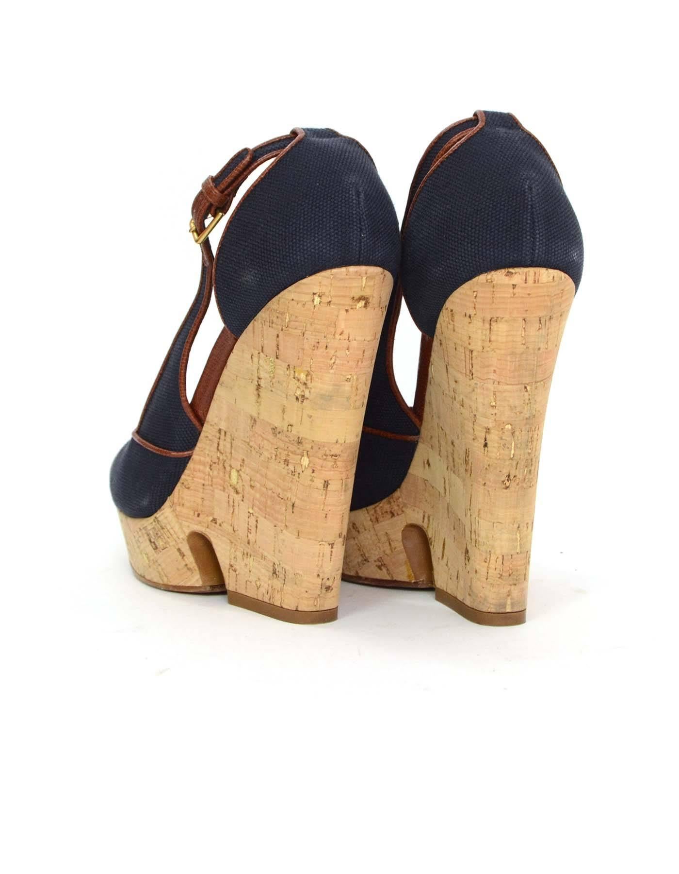 Yves Saint Laurent Navy Canvas Deauville Cork Wedges sz 40 In Excellent Condition In New York, NY