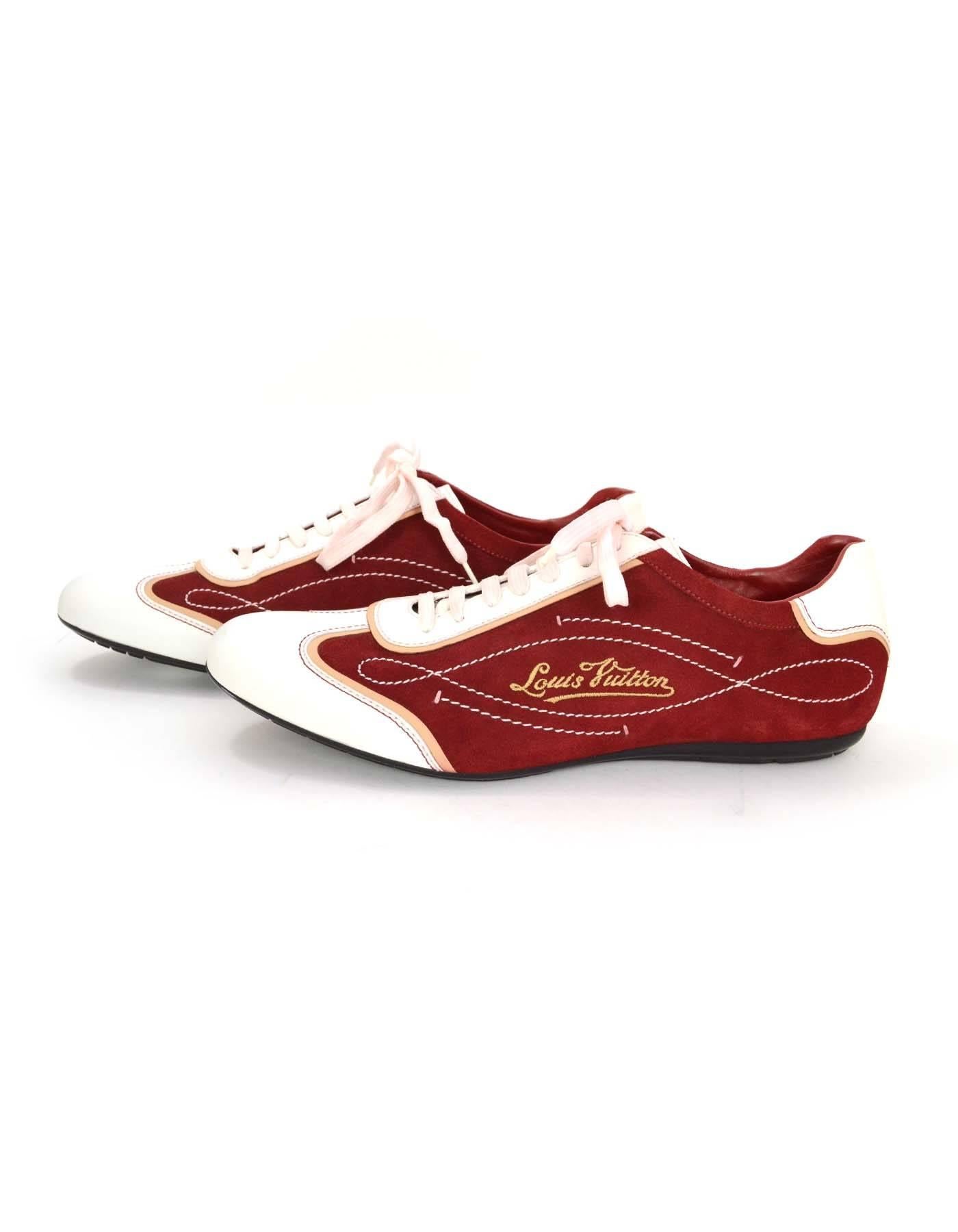Louis Vuitton Men's Red Suede & White Leather Sneakers
Features Louis Vuitton embroidered on sides with decorative white contrast stitching
Made In: Italy
Color: Red and white
Materials: Suede and leather
Closure/Opening: Laces
Sole Stamp: