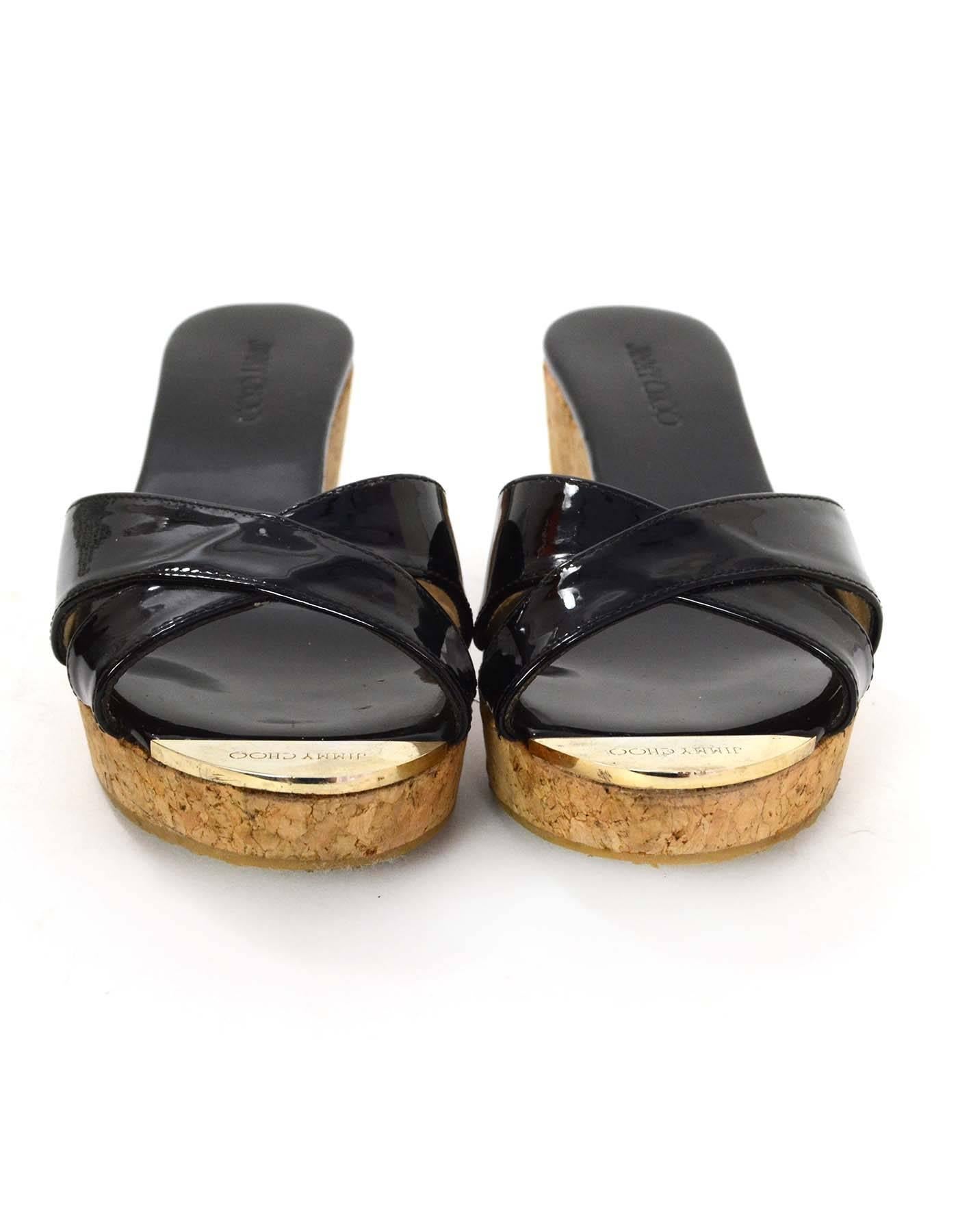 Jimmy Choo Black Patent & Cork Platform Mules In Excellent Condition In New York, NY