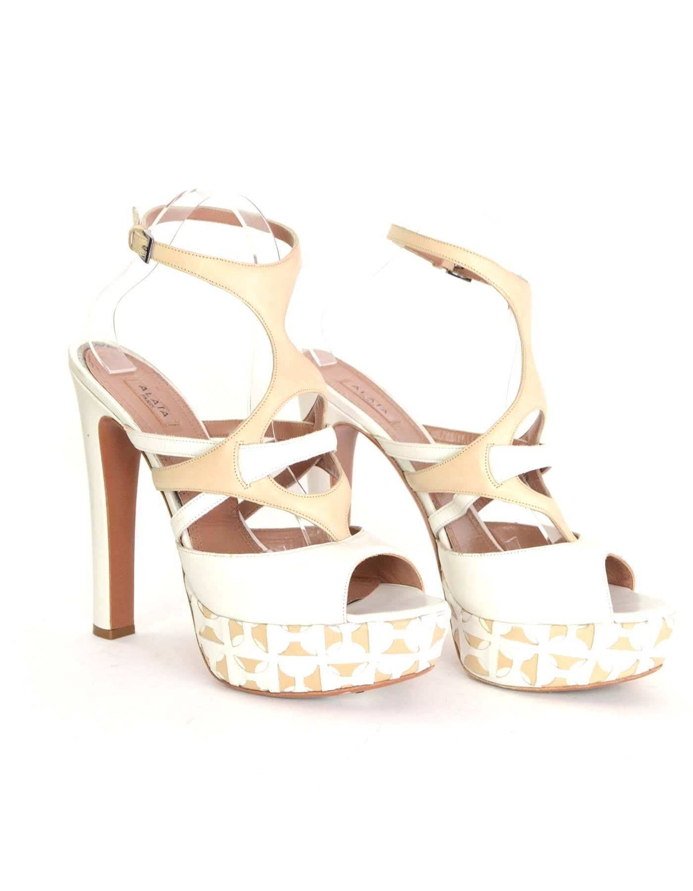 Women's Alaia White & Beige Leather Platform Sandals sz 40