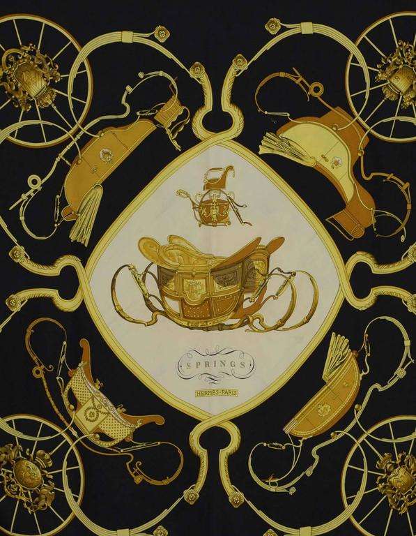 Hermes Black and Gold Horse Carriage Print 'Springs' Silk 90cm Scarf ...