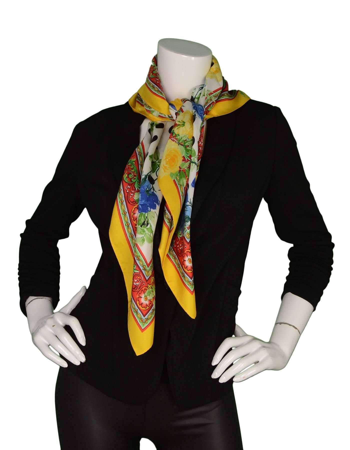 Dolce & Gabbana Yellow, Black, White Floral & Polka Dot Silk Scarf In Excellent Condition In New York, NY