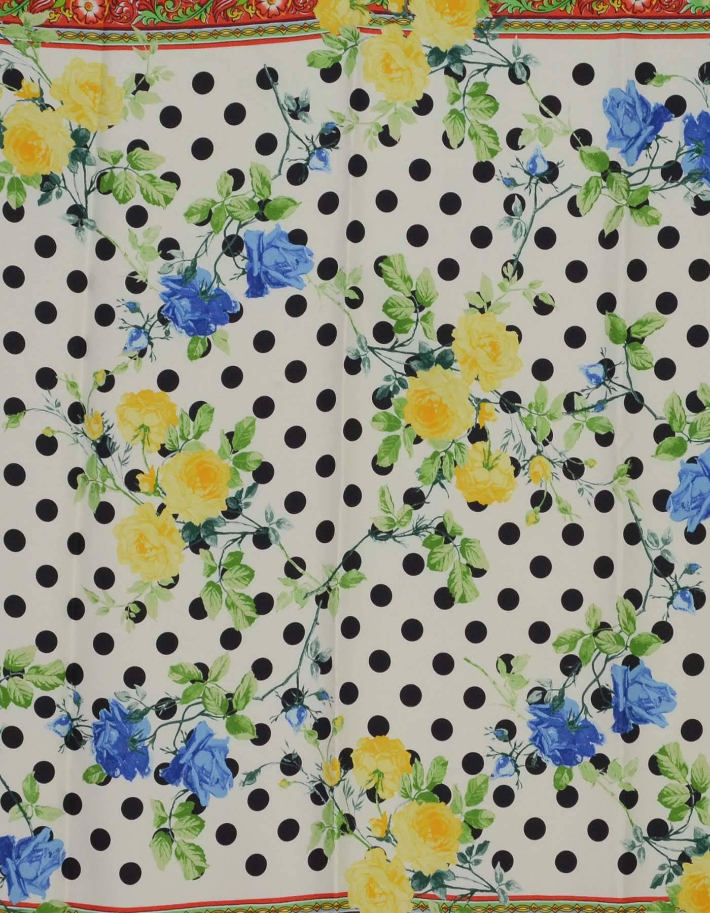 Dolce & Gabbana Floral & Polka Dot Silk Scarf
Features polka dot print with blue and yellow flowers on top with red floral and yellow solid borders

-Made in: Italy
-Color:White, black, yellow, blue, green and red
-Composition: 100%
