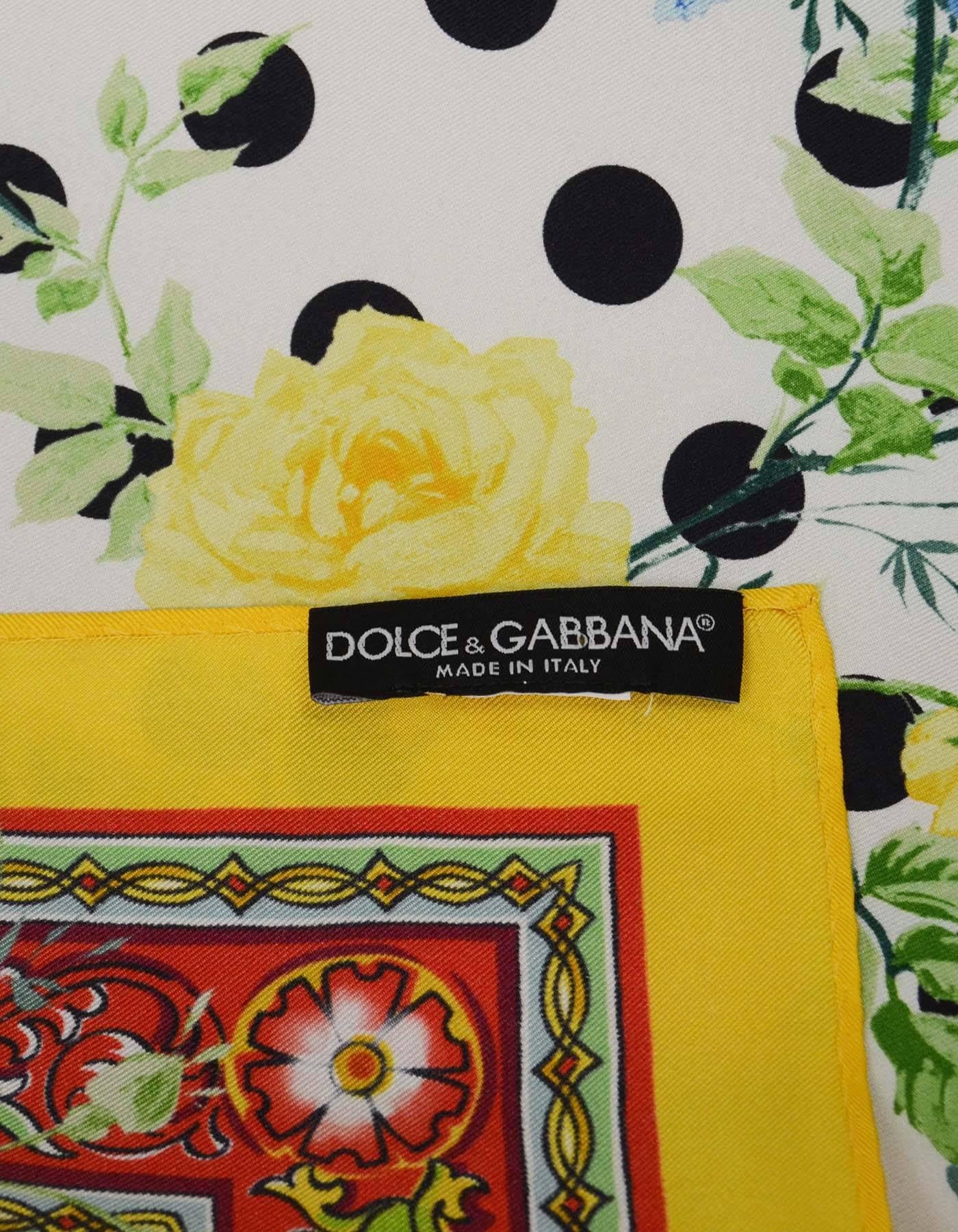 Beige Dolce & Gabbana Yellow, Black, White Floral & Polka Dot Silk Scarf