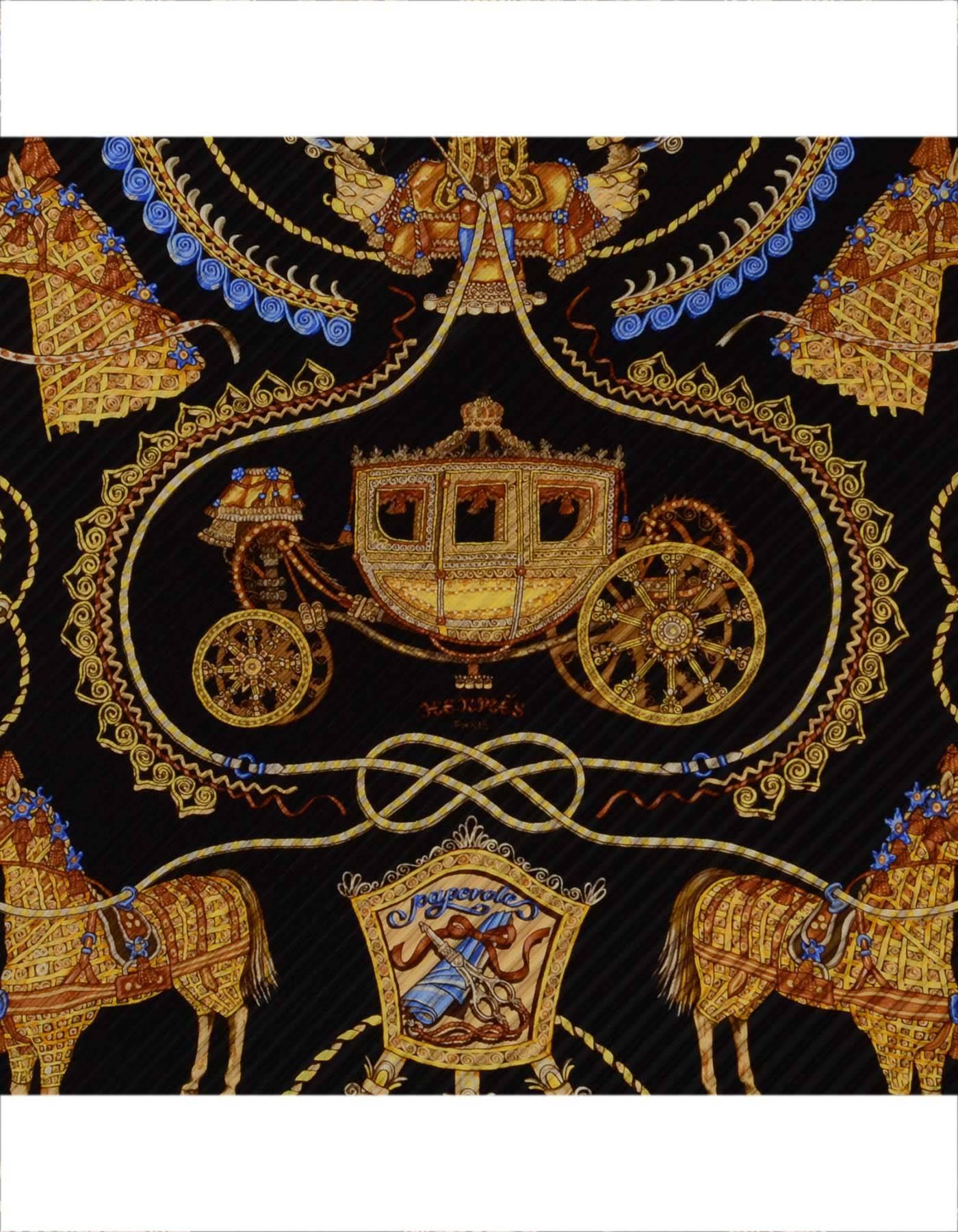 Hermes Black & Gold Paperoles Pleated 90cm Silk Scarf
Features horses and a chariot printed throughout
Made In: France
Color: Black, gold and pale blue
Composition: 100% silk
Overall Condition: Excellent pre-owned condition
Includes: Hermes