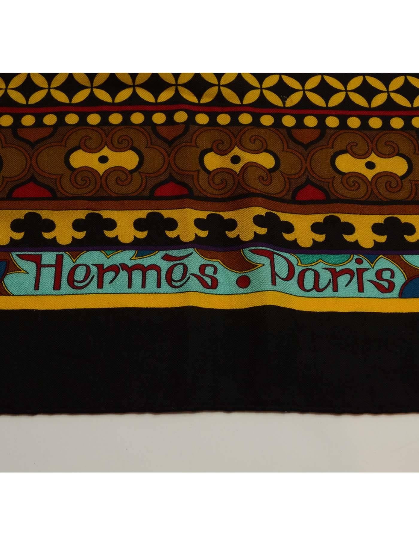 Hermes Black & Gold La Femme Aux Semelles De Vent Cashmere/ Silk Shawl Scarf In Excellent Condition In New York, NY