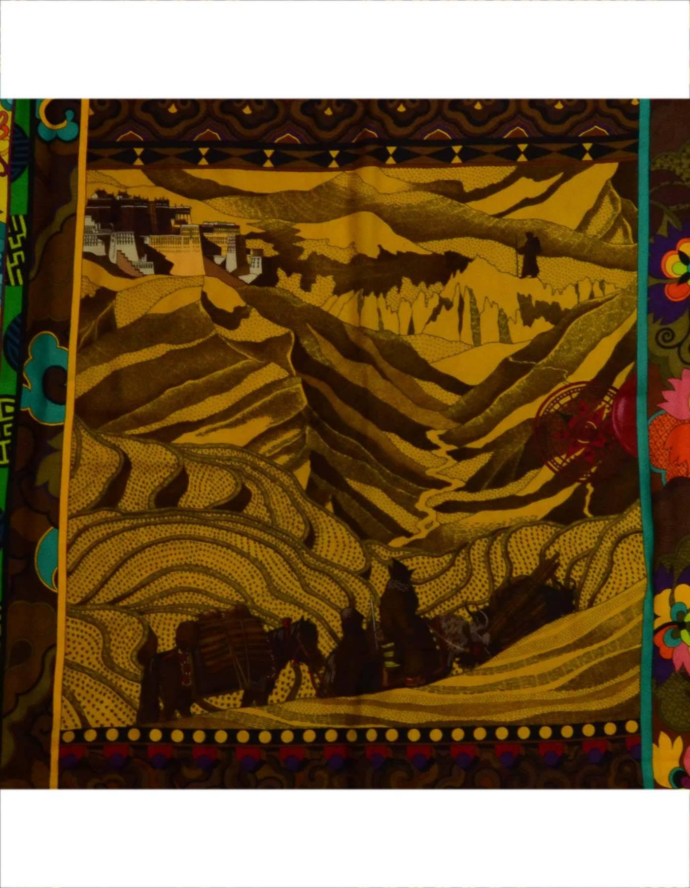 Hermes Black & Gold La Femme Aux Semelles De Vent 140cm Scarf
Features countryside scene printed with flowers and animal print framing it
Made In: France
Color: Black, gold, red, green, yellow, turquoise, purple, brown and black
Composition: 65%